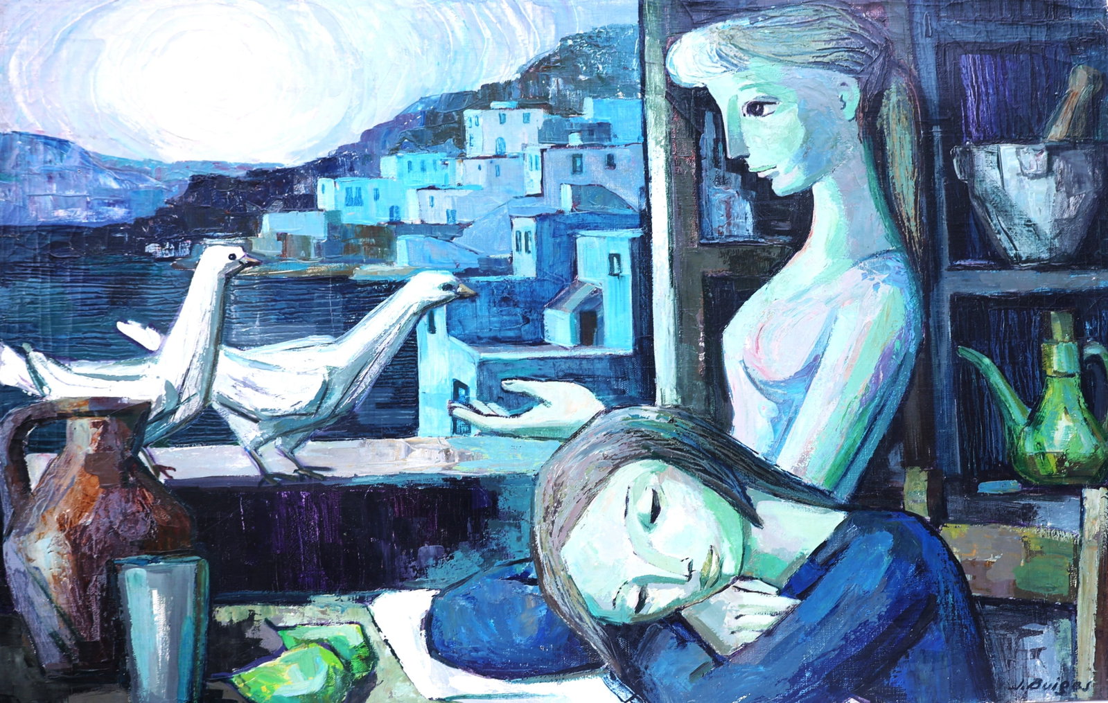 Spanish artist Jose Buigas. oil painting titled "Girl at Window Watching Pigeons" (1 of 6)
