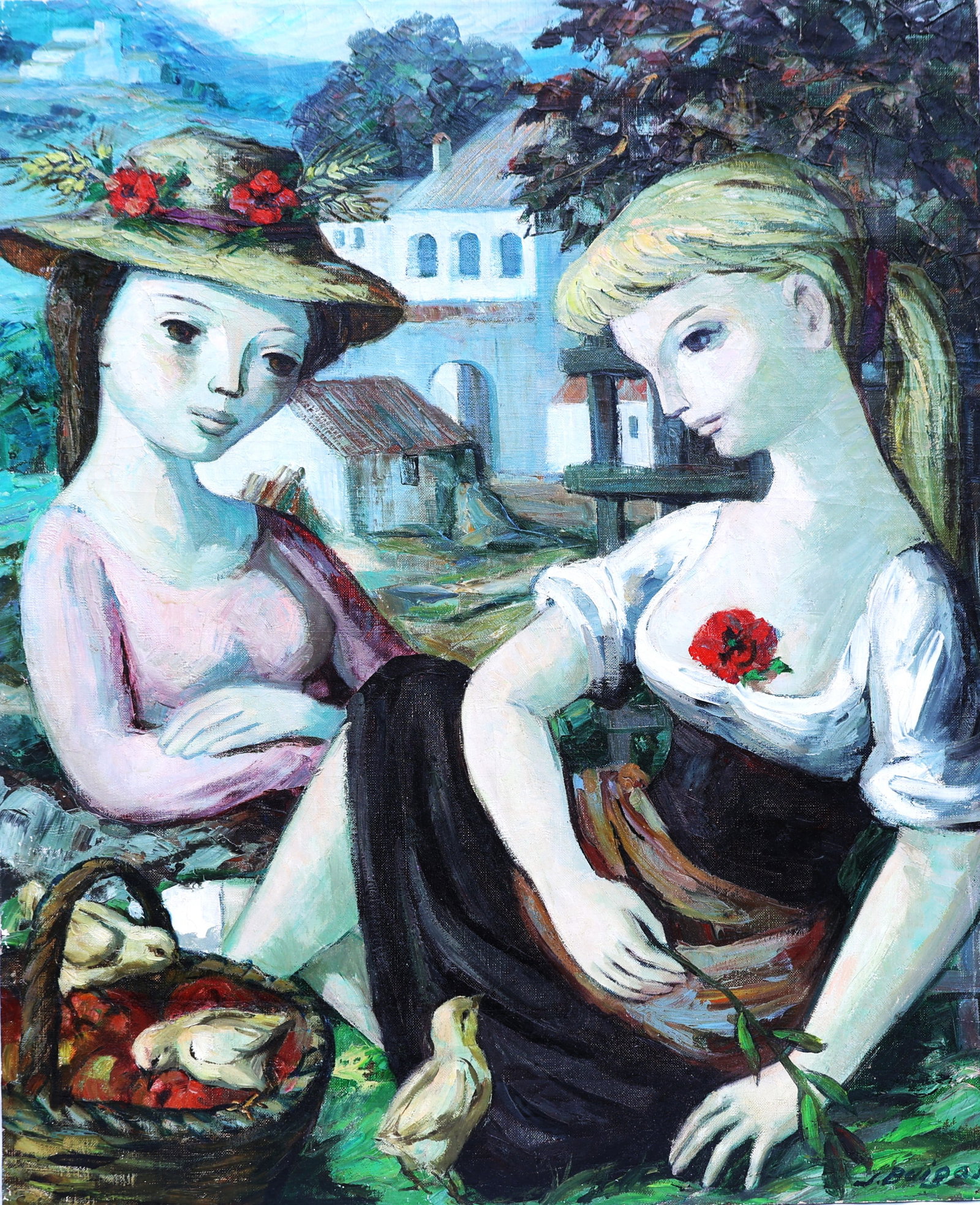 Jose Buigas, Spanish Artist oil on canvas painting, titled "Two Girls with Apples and Flowers," (1 of 7)