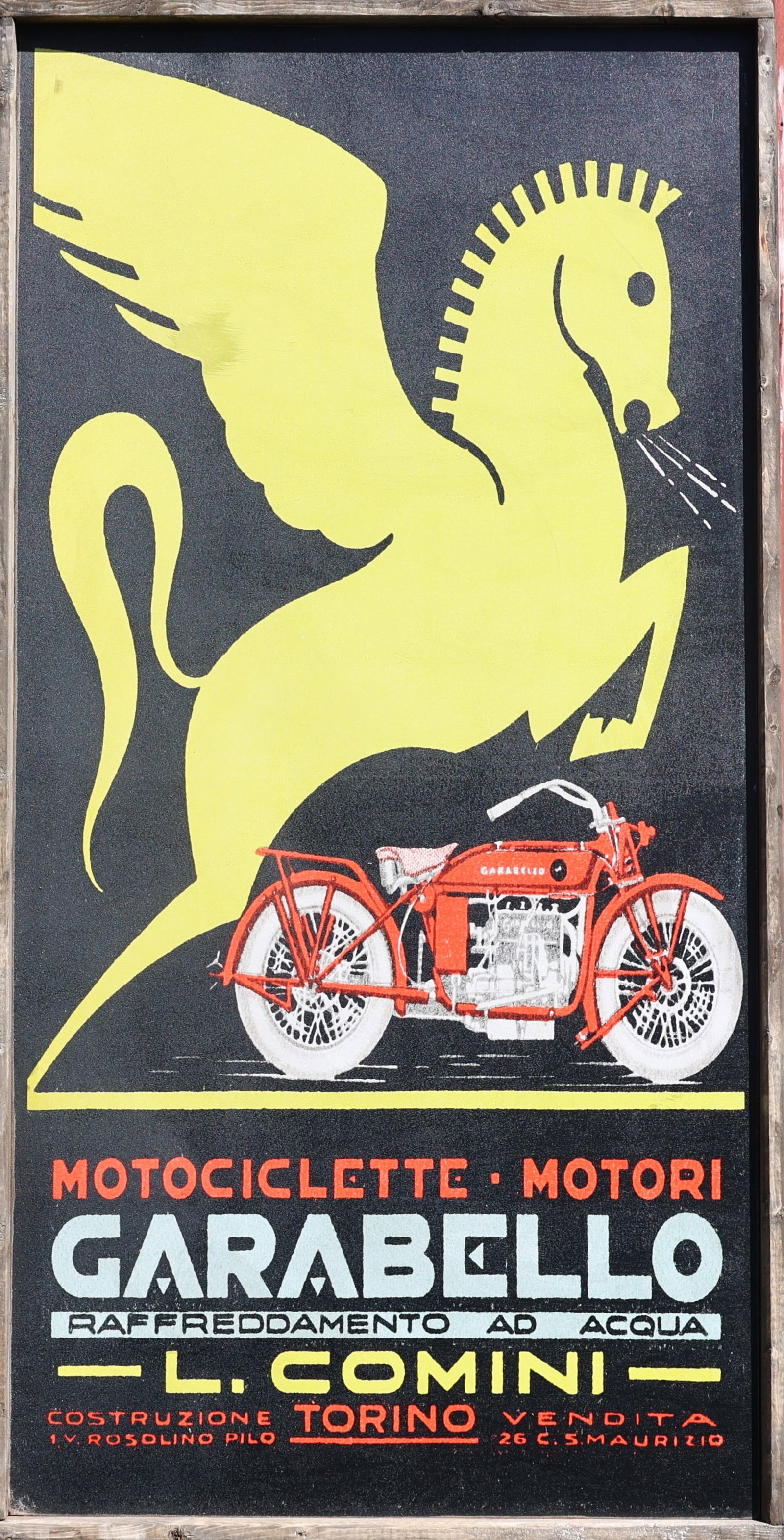 Large Novelty Wood Sign: Garabello, an Italian motorcycle manufacturer , Yellow Pedasus: Size: 49 1/4 in. x 25 1/4 in. ; Large Novelty Wood Sign: Garabello, an Italian motorcycle manufacturer that produced bikes between 1903 and 1930. Features a prominent yellow Pegasus winged horse flyin