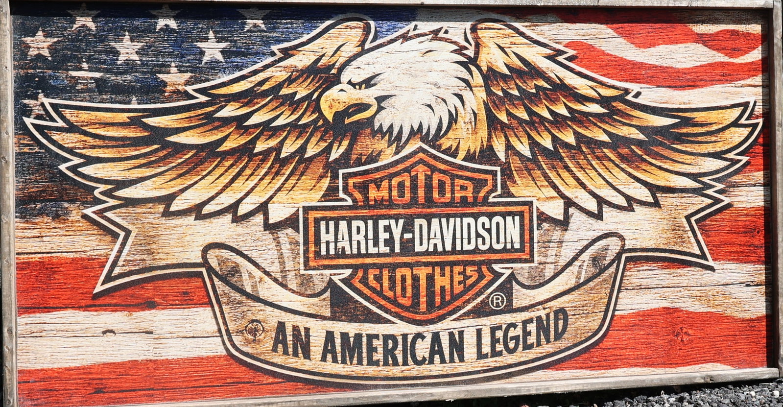 Harley-Davidson wooden wall art features a rustic American flag design with a prominent bald eagle (1 of 4)