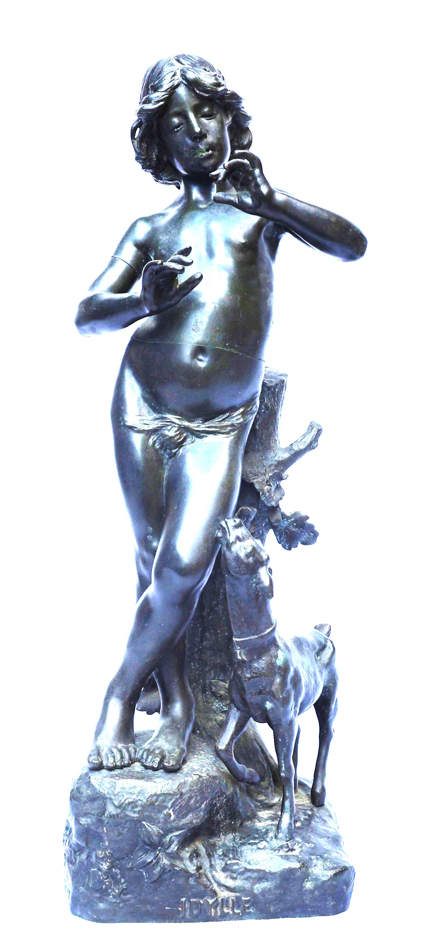 This Art Nouveau bronze sculpture is titled "Idylle" by Spanish/French artist Joaquín Anglés: Size: 24 inches height, 8 inches wide, 6 in. depth ; This Art Nouveau bronze sculpture is titled "Idylle" by Spanish/French artist Joaquín Anglés Cañé (1859–1911).