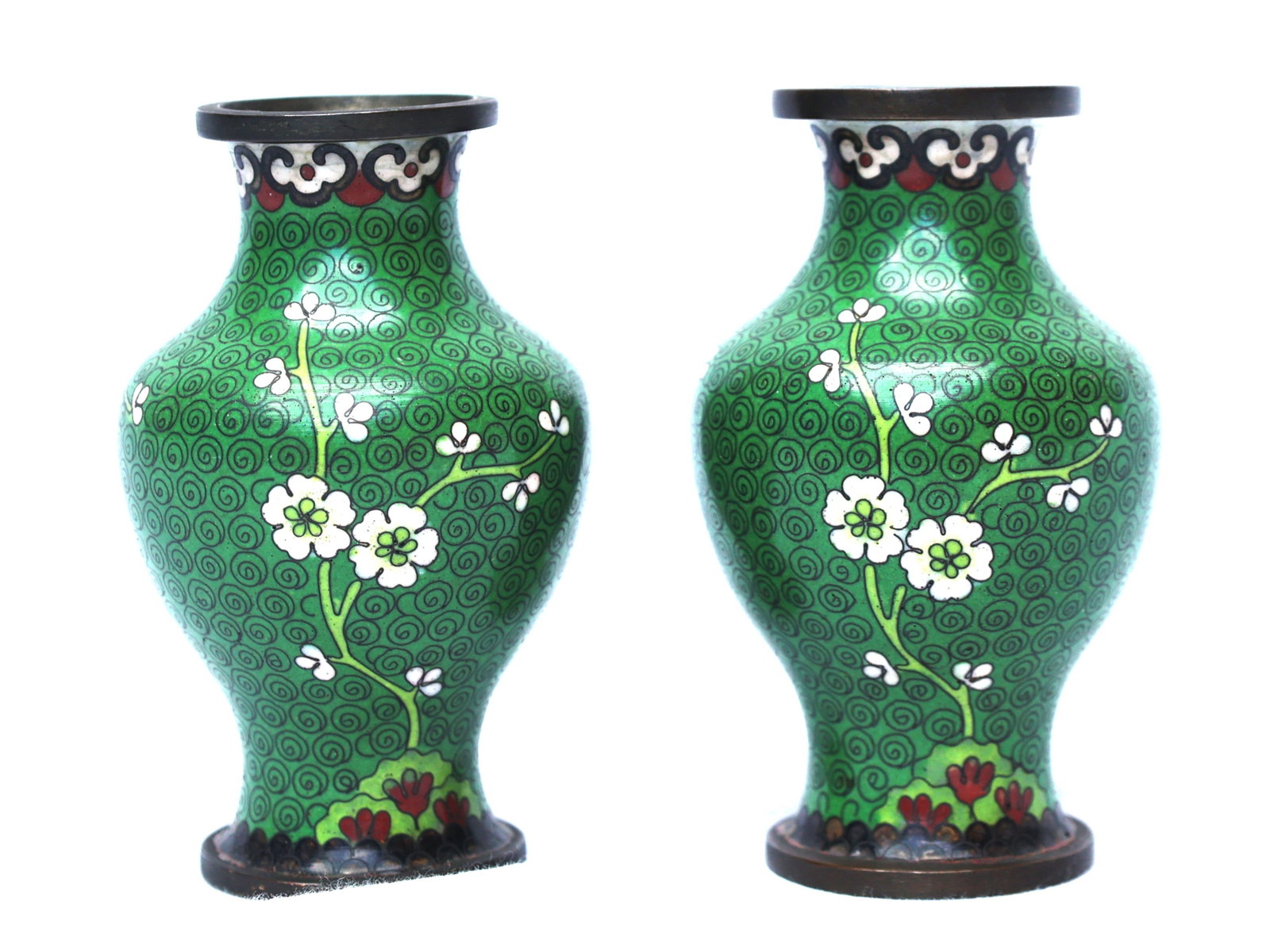 pair of vintage Chinese cloisonné enamel Cabinet vases featuring a green floral design: Size: 4 inches height, 2 1/4 in. bulbous; pair of vintage Chinese cloisonné enamel Cabinet vases featuring a green floral design