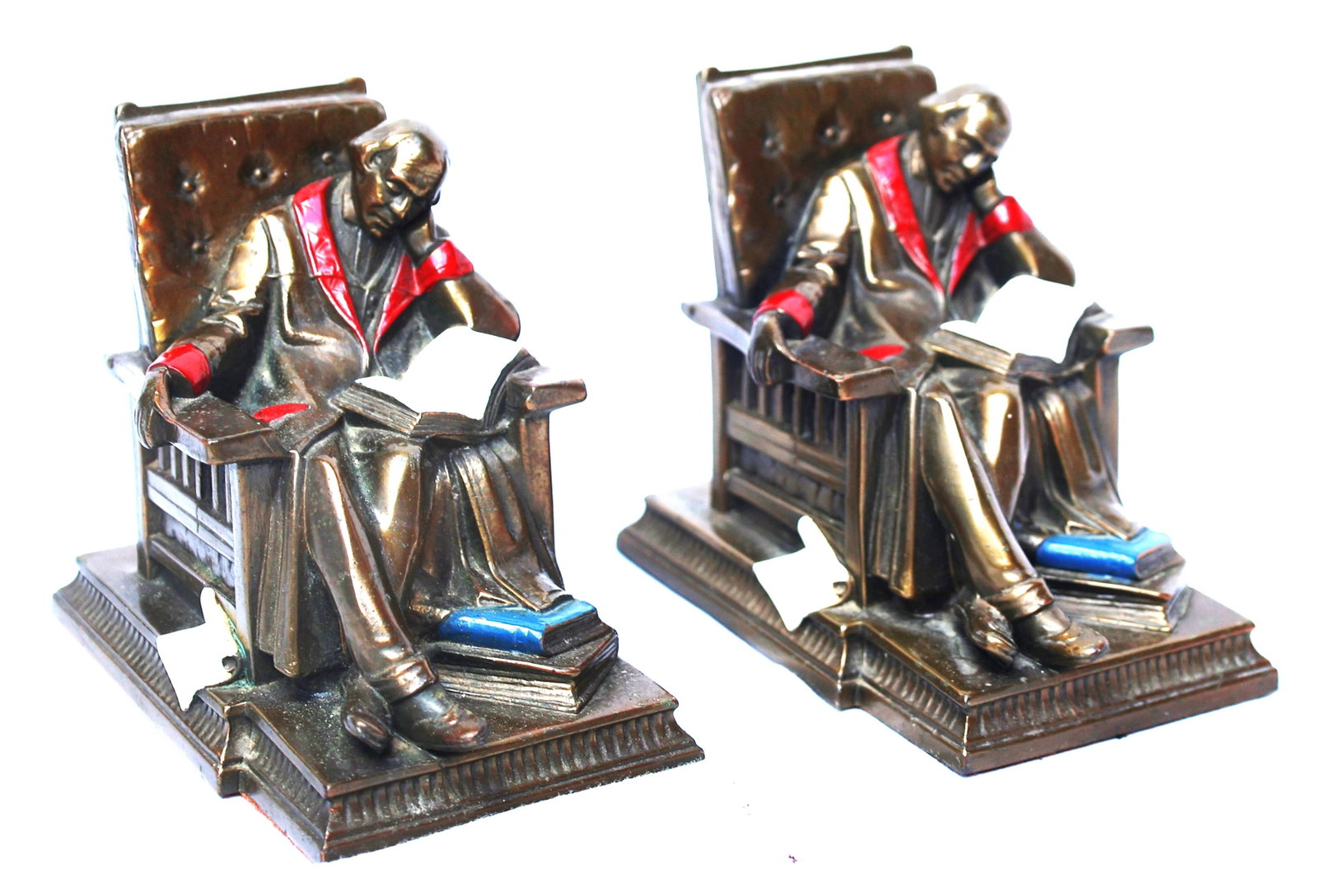 vintage K&O (Kronheim & Oldenbusch) bookends features a bronze-plated cast metal "Sleeping Scholar" (1 of 6)