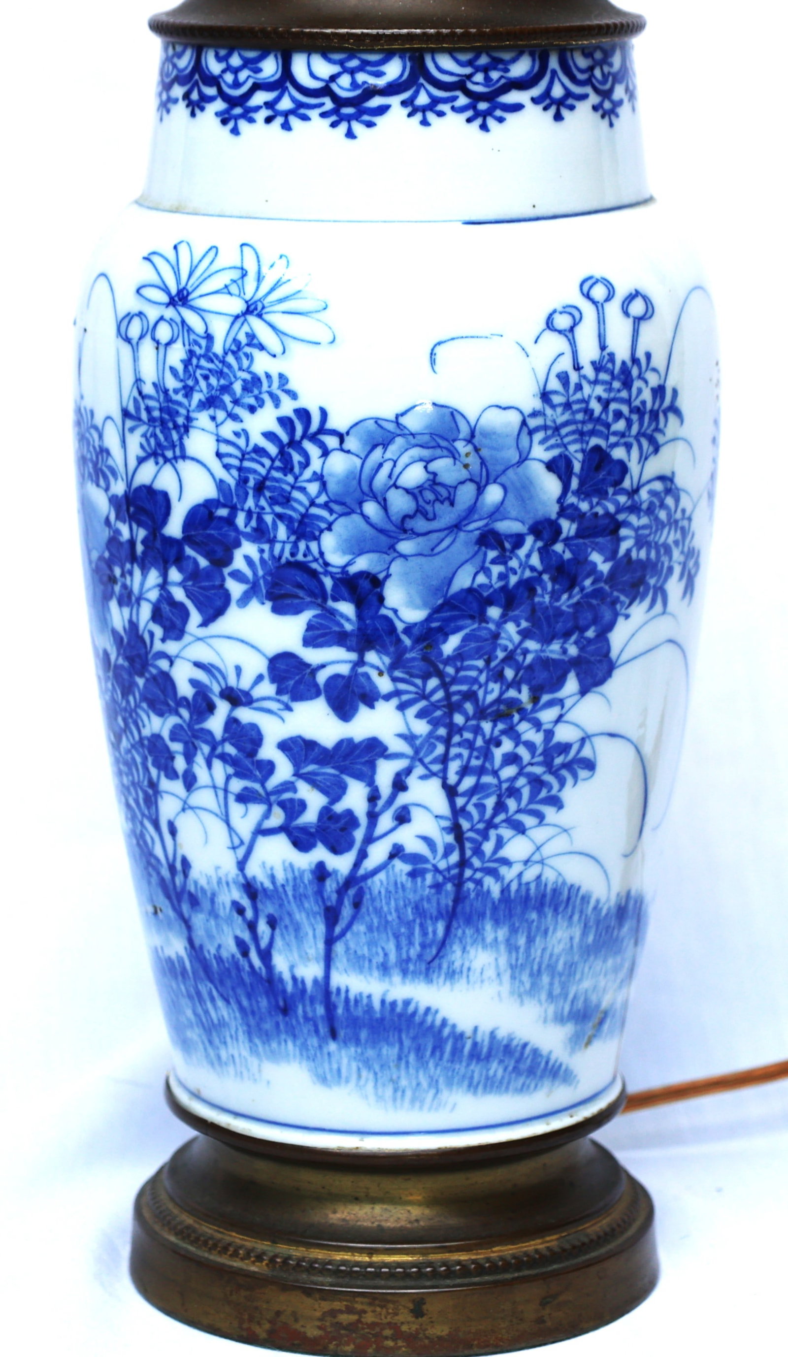 Japanese blue & white porcelain vase lamp is decorated with a continuous landscape of flowers, trees (1 of 7)
