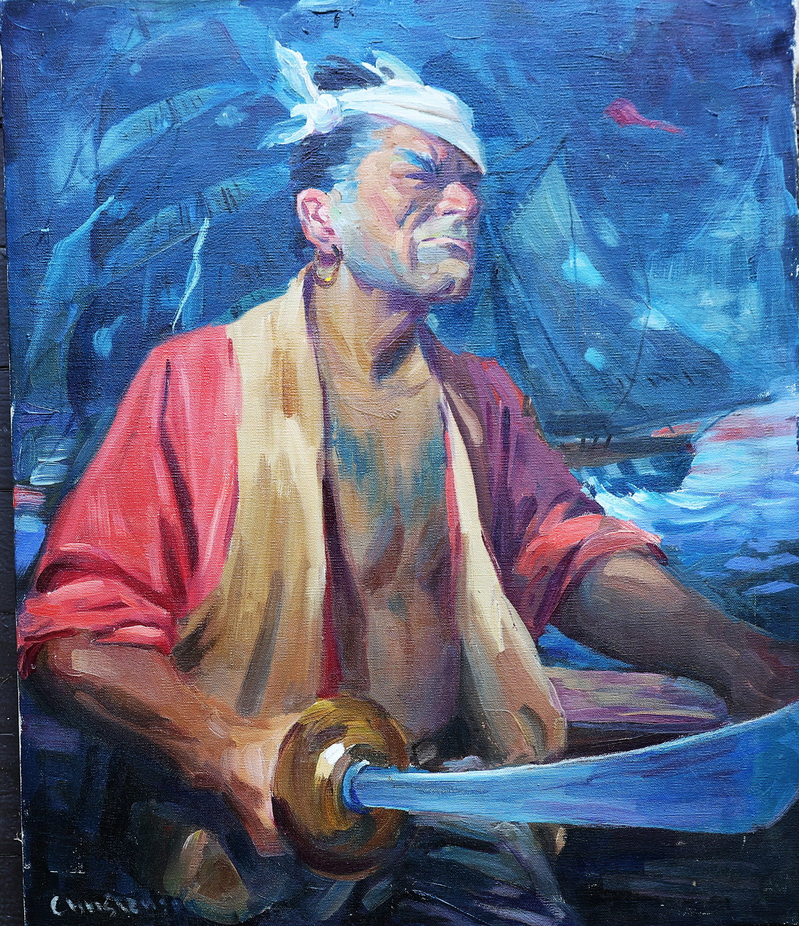 Signed Christensen, oil painting, featuring a pirate holding a cutlass with a ship in the background (1 of 6)