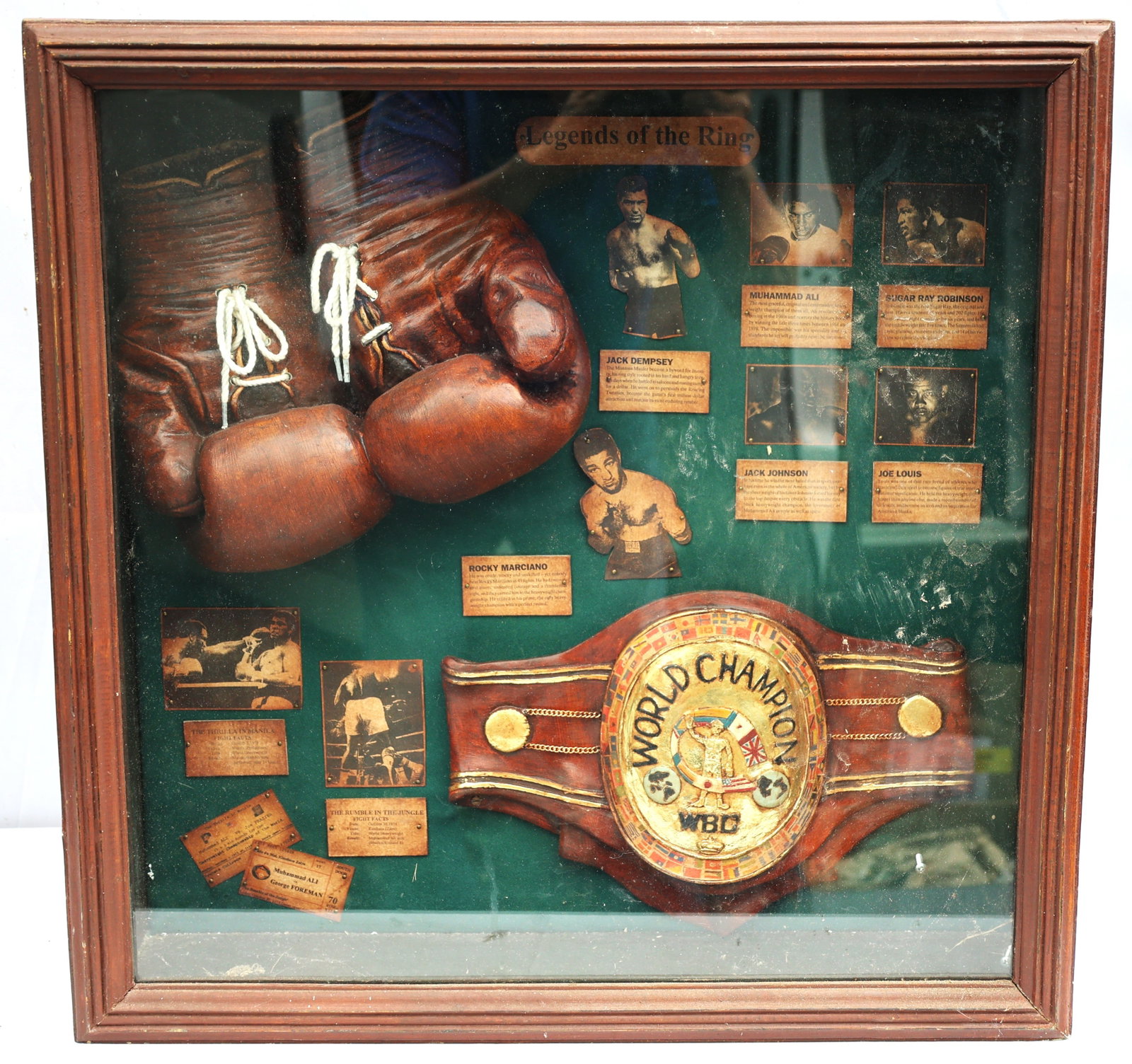 Legends of the Ring boxing memorabilia shadow box: Size: 24 in. height x 24 in. wide x 6 1/2 in. wide ; Legends of the Ring boxing memorabilia shadow box