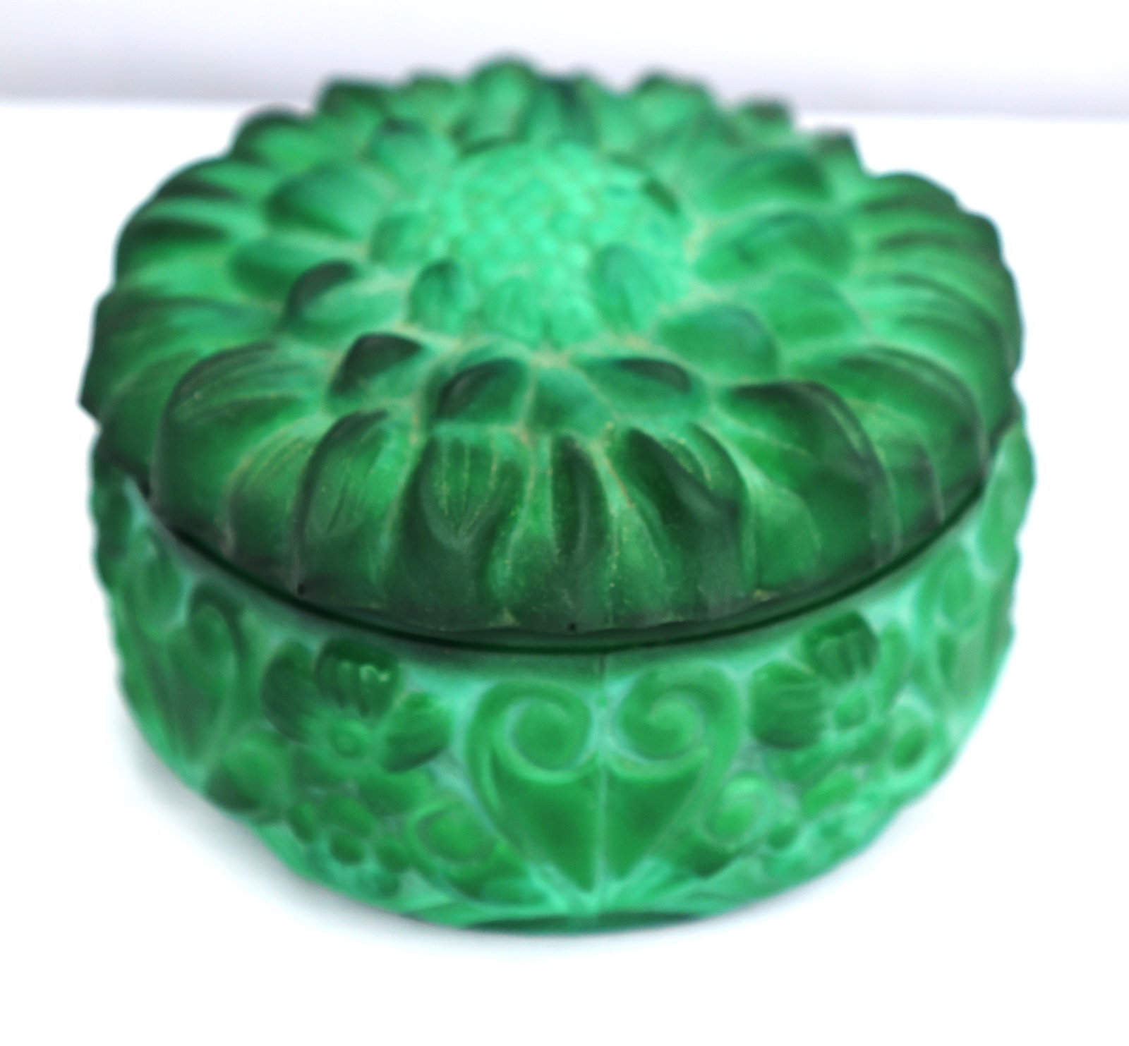 vintage Bohemian malachite green glass lidded trinket box, often featuring Art Deco style floral mot: Size: 2 1/4 in. height x 4 inches diameter ; vintage Bohemian malachite green glass lidded trinket box, often featuring Art Deco style floral motifs on the lid