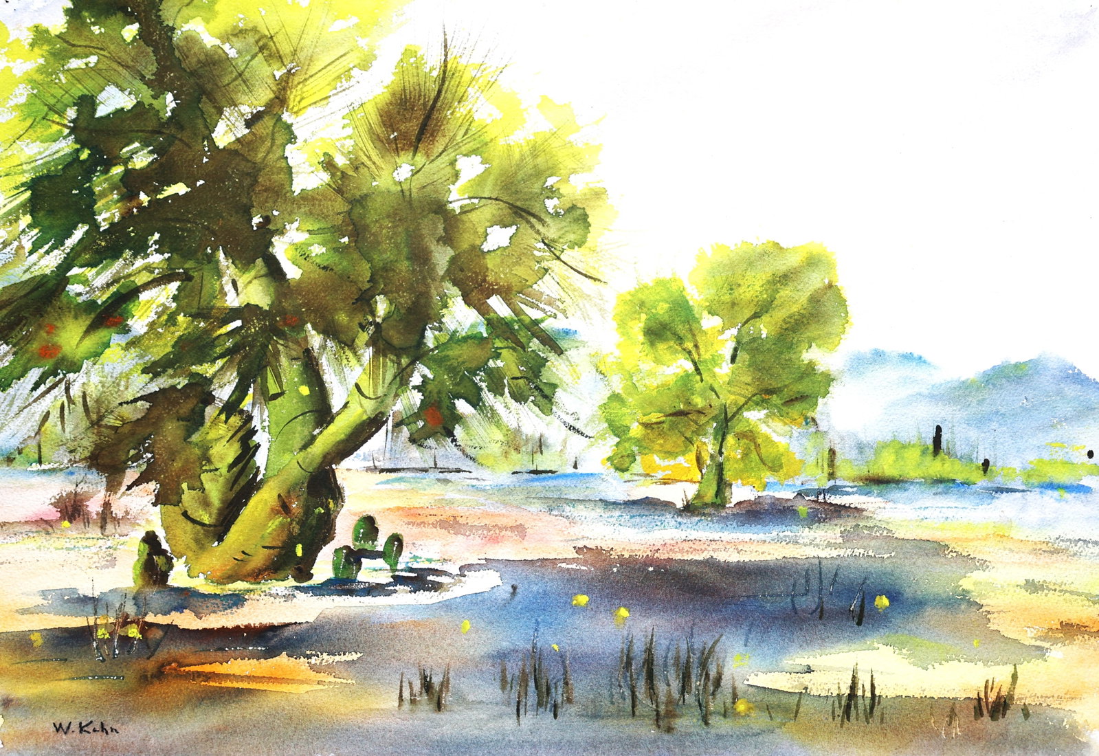 Signed W Kuhn, Vintage Watercolor Summer Landscape Stream and Trees, No Frame (1 of 5)