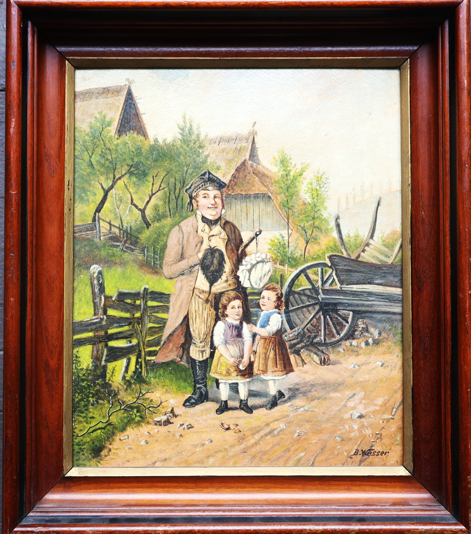 Signed B Wasser, 19th C. Oil on Board Painting, Man in German Attire with 2 Children in Countryside (1 of 6)