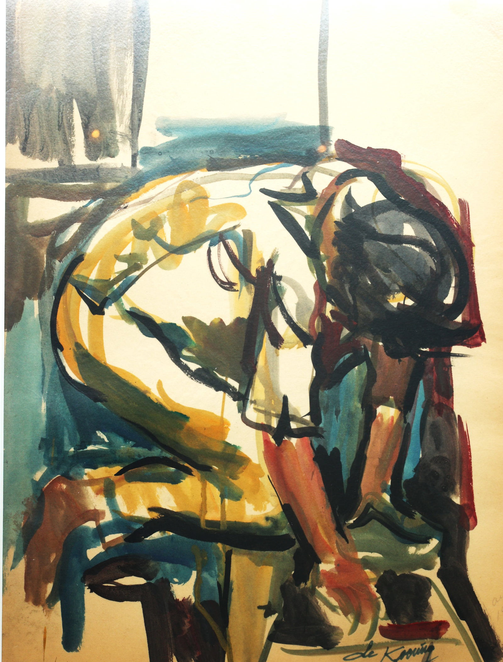 Seated Figure and is a figural abstract expressionist painting by Elaine de Kooning., Framed: Size: image: 23 1/4 in. x 17 1/2 in. ; outer frame 31 1/4 in. x 25 1/4 in ; Seated Figure and is a figural abstract expressionist painting by Elaine de Kooning.The piece is described as a watercolor p