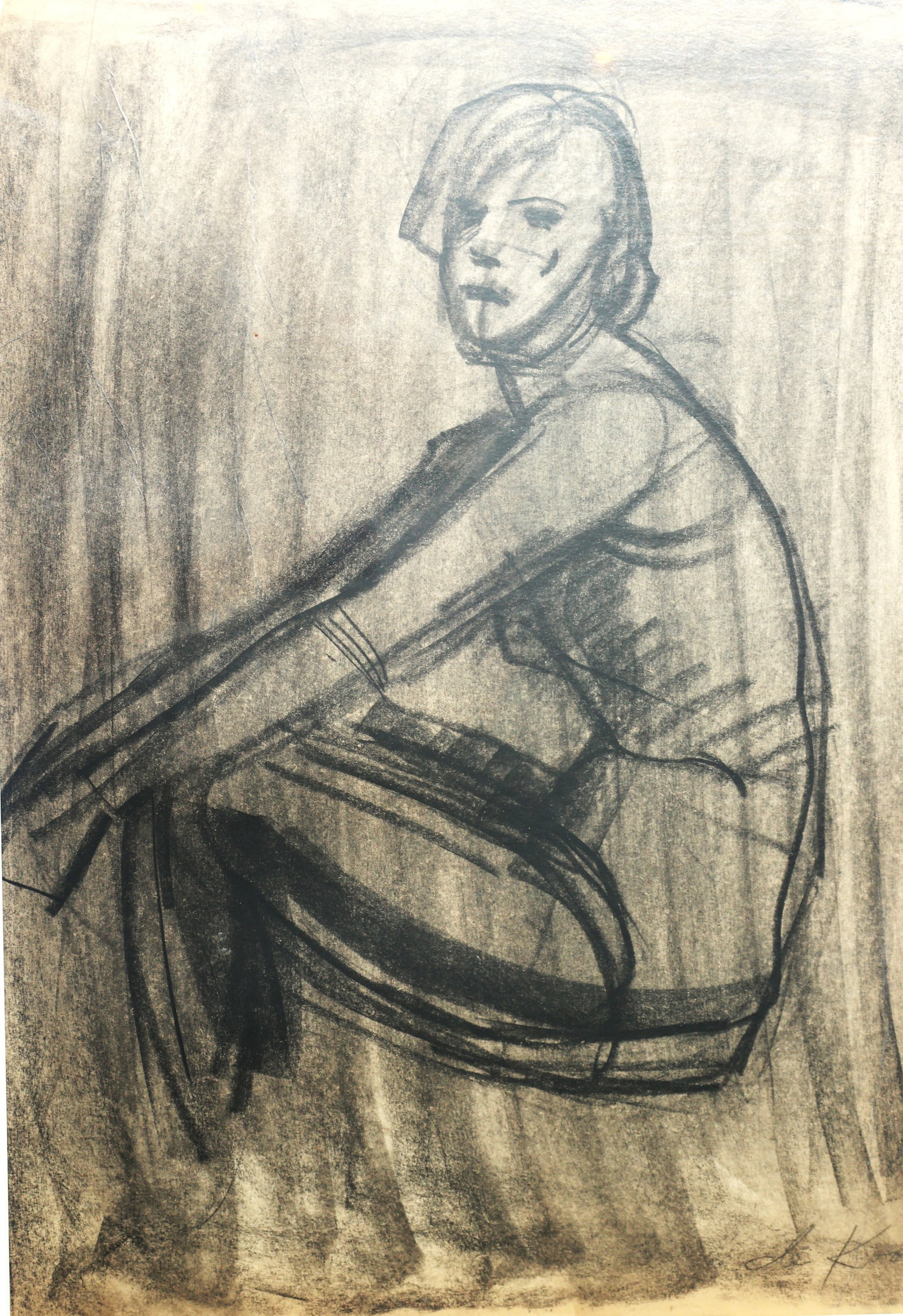 charcoal drawing is consistent with the figural style of American artist Elaine de Kooning. Signed (1 of 5)