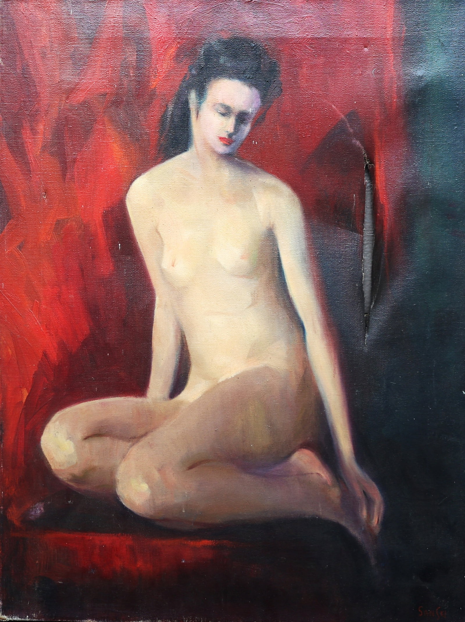 Signed San Ski, Nude Figure set against a Vibrant Red Backdrop Oil on Canvas Painting (1 of 8)