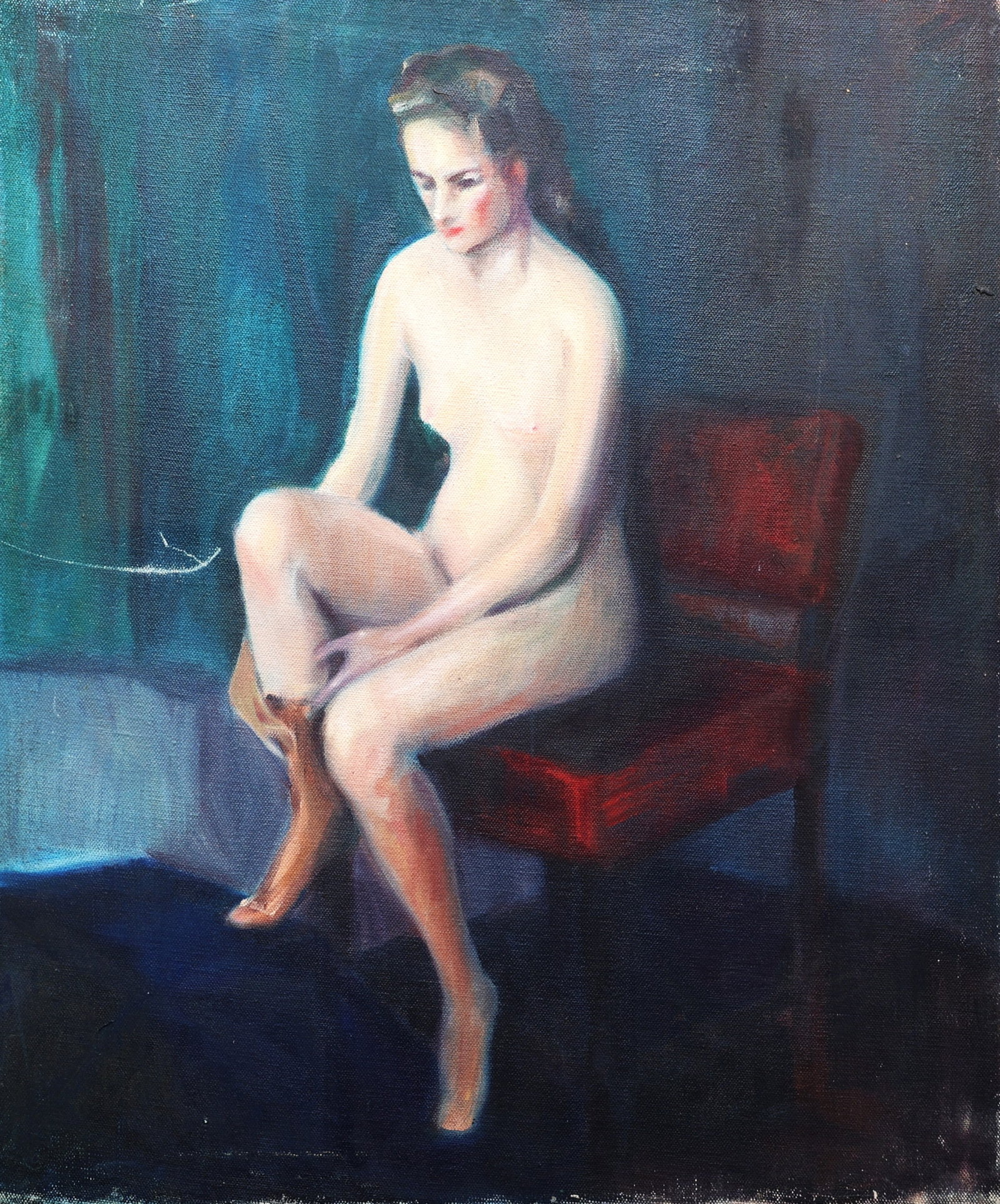 Vintage Oil Painting on Canvas Nude Figure Sitting on a Red Chair against a Dark Blue Background (1 of 5)