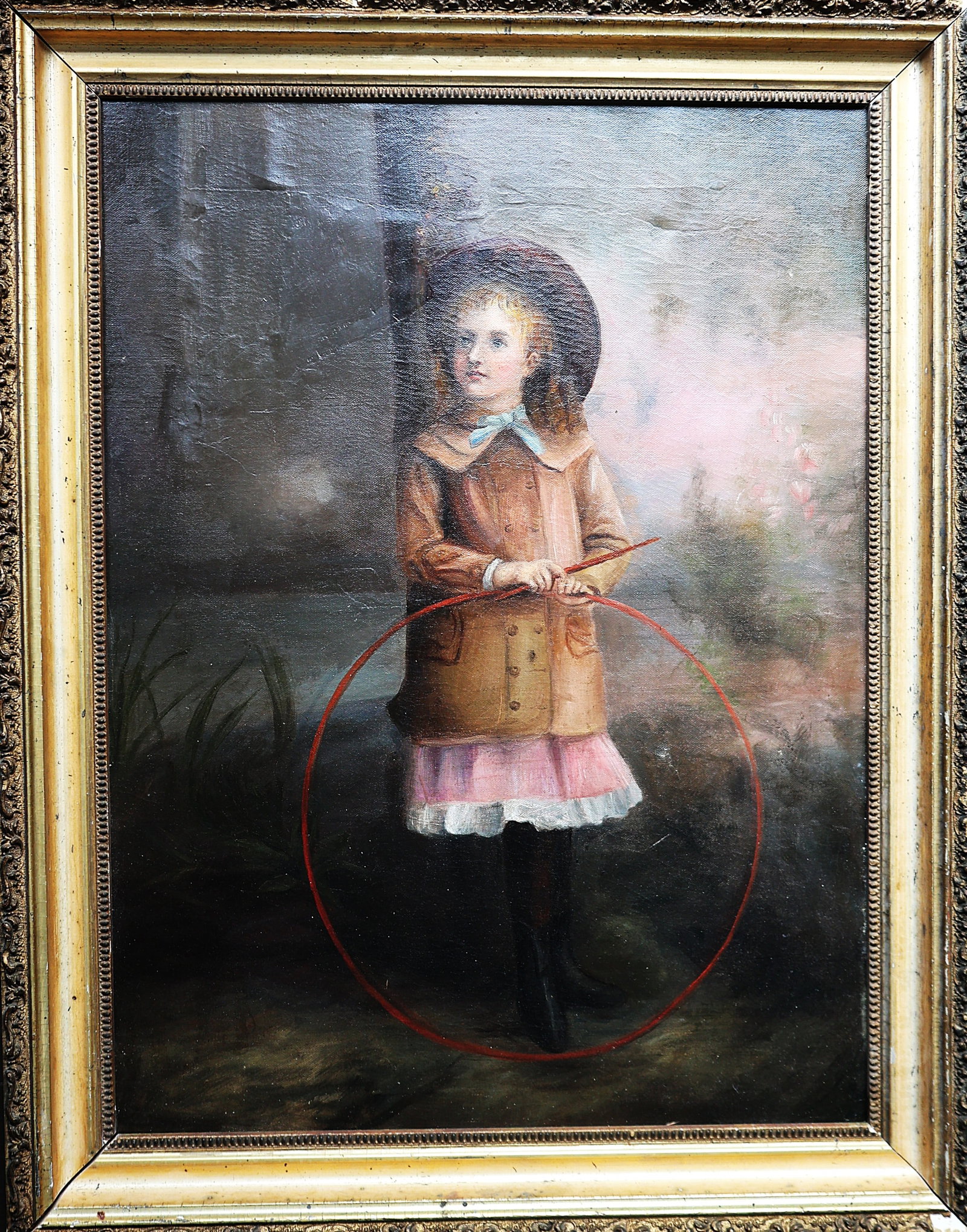 Fabulous 19th C.Oil on Canvas Painting Young Girl With a Hoop, Original Gold Frame. (1 of 6)