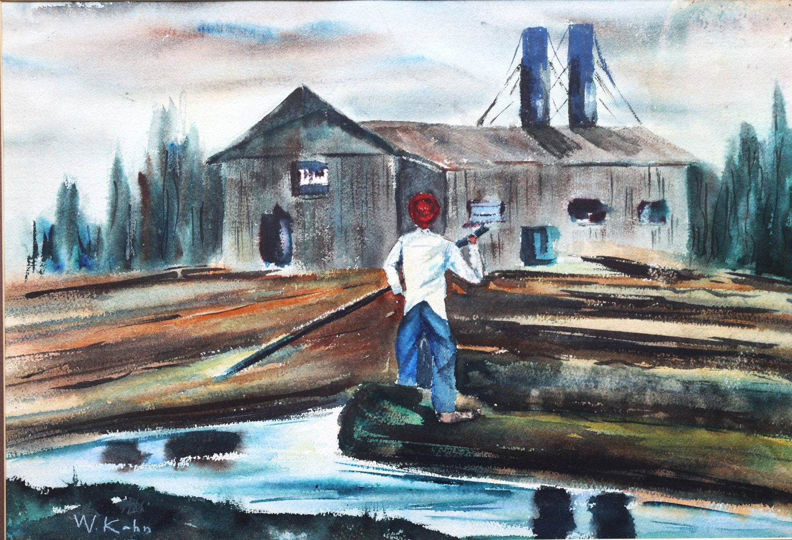 Signed W Kuhn, Watercolor Painting of a Lumberjack Standing on Logs in front of a Mill, Framed (1 of 5)