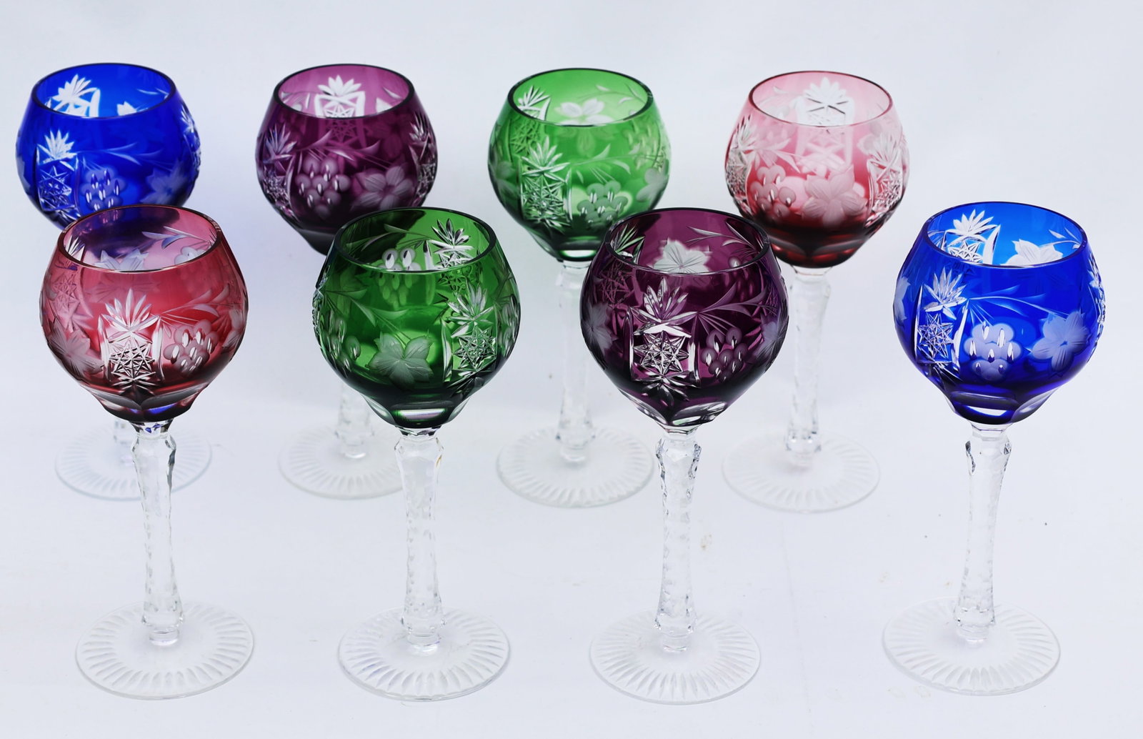 Set 8 These are vintage Bohemian cut-to-clear wine goblets, commonly identified in multicolored sets (1 of 6)