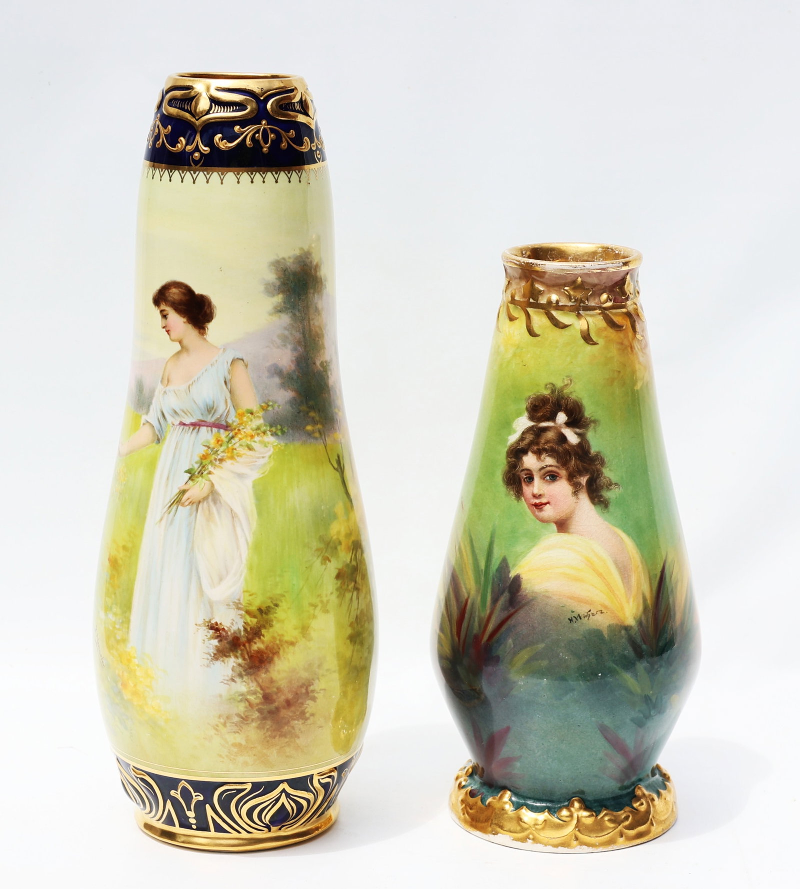 2 Royal Bonn antique, hand-painted vases with Victorian Women Portraits: Size: 11 3/4 in. height x 4 1/2 in. wide and 9 in. height x 4 in. wide ; 2 Royal Bonn antique, hand-painted vases with Victorian Women Portraits