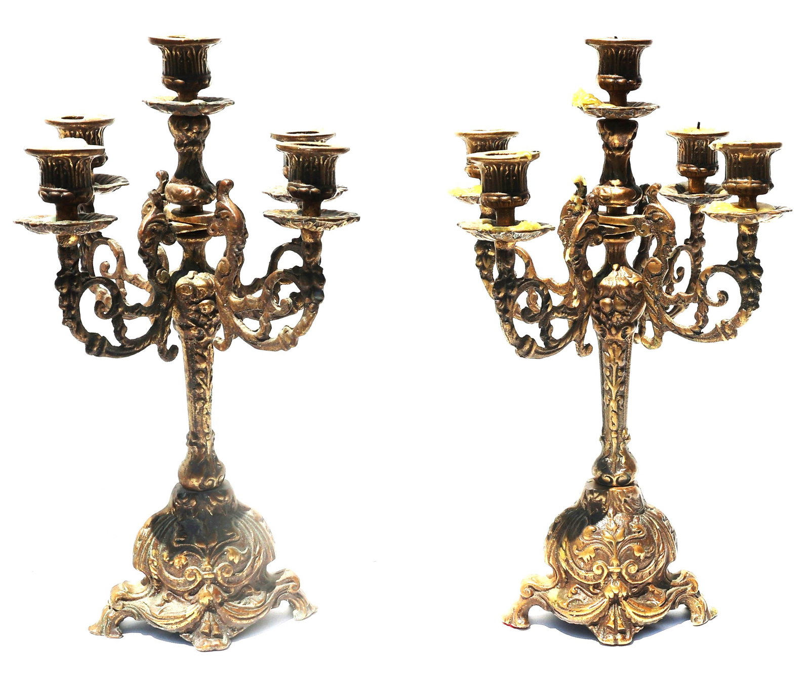 pair of early 1900s French Rococo Louis XV style candelabras features ornate bronze dore constructi (1 of 5)