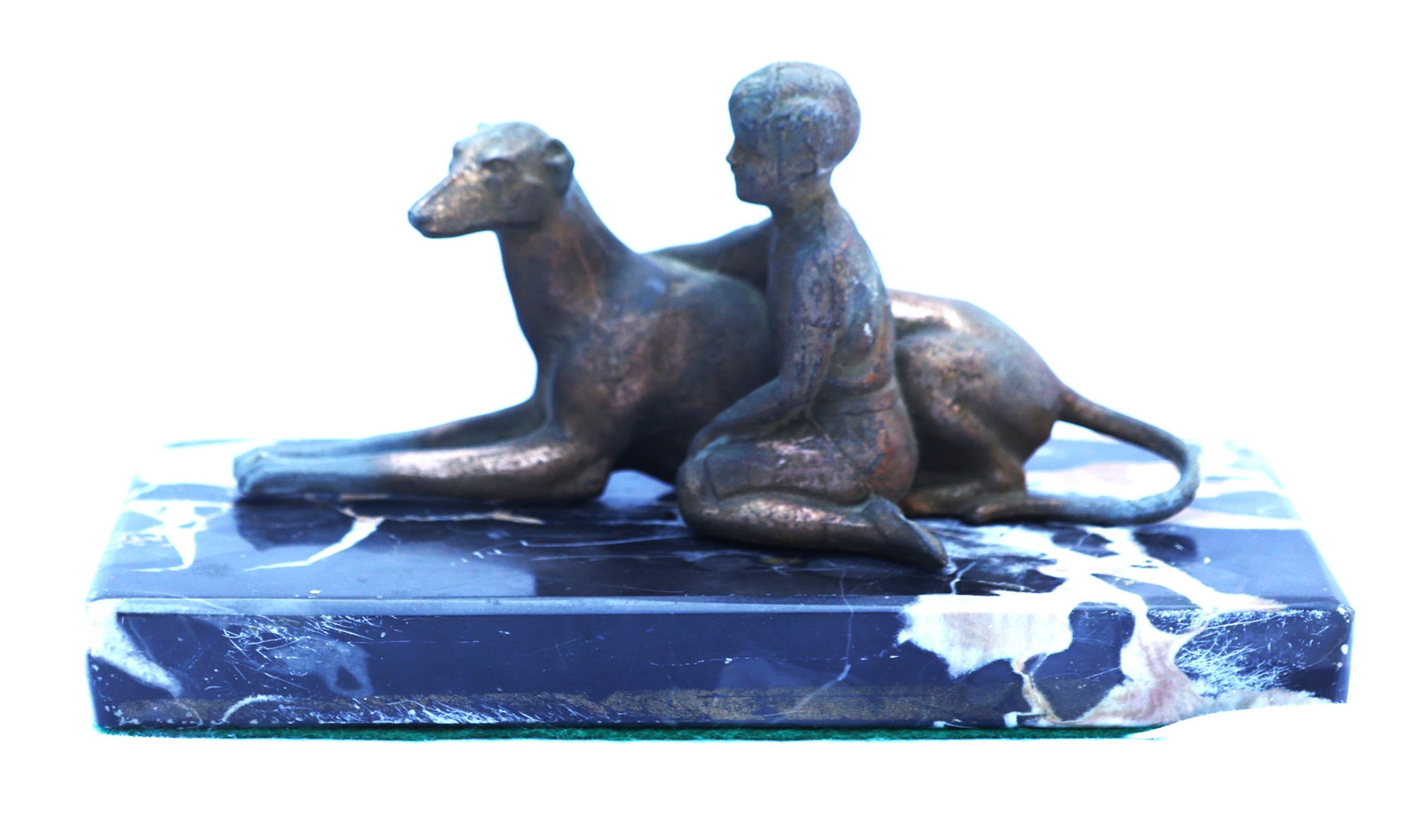 This Art Deco sculpture, often attributed to Demétre Chiparus, features a patinated bronze figure: Size: 3 3/4 in. height, 7 3/4 in. length, 3 3/4 in. wide ; This Art Deco sculpture, often attributed to Demétre Chiparus, features a patinated bronze figure of a flapper girl with a greyhound mounted