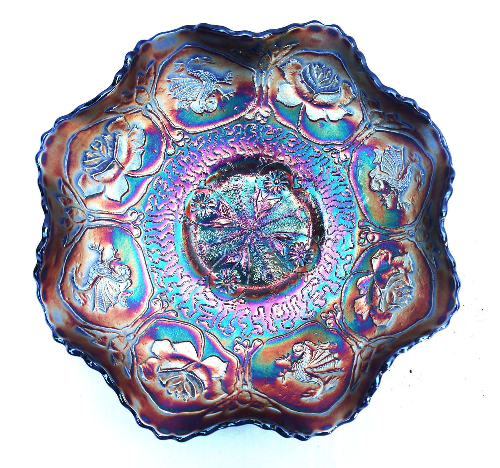antique Fenton Carnival Glass bowl in the Dragon & Lotus pattern: Size: 2 1/2 in. height, 9 in. diameter ' antique Fenton Carnival Glass bowl in the Dragon & Lotus pattern