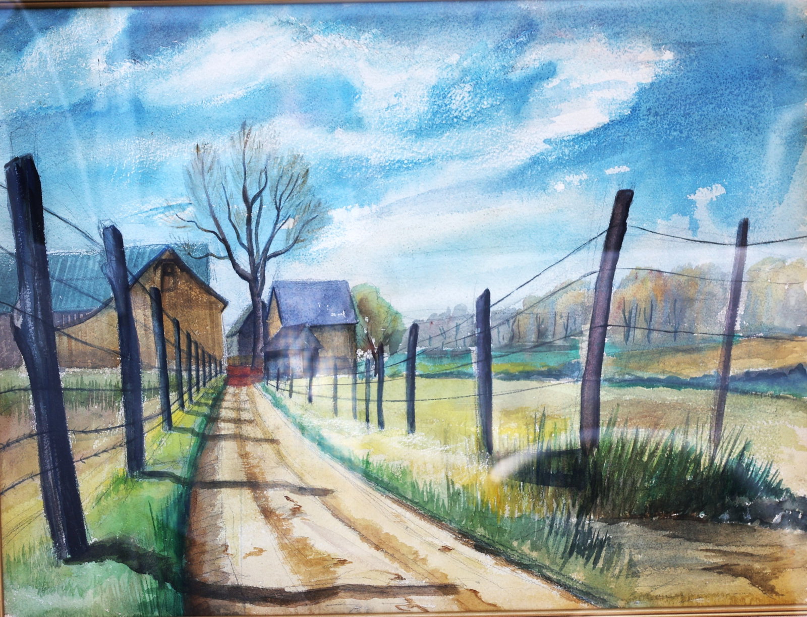 Watercolor Painting rustic country trail scene with farm buildings and fencing, framed (1 of 4)