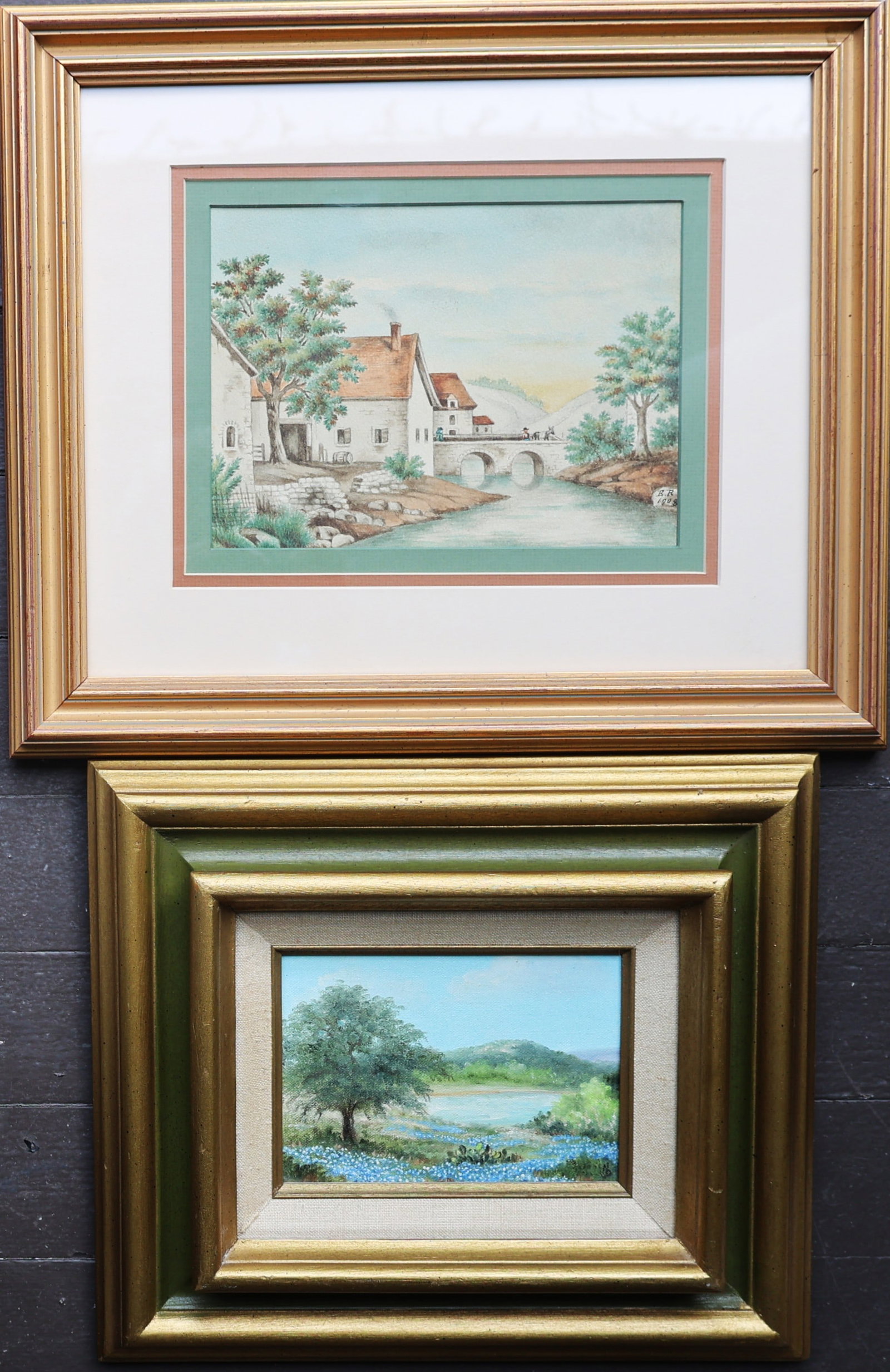 [2] N. Detlefarn Oil on Canvas Landscape & ER 1909 Watercolor Olde Homestead, Both Framed (1 of 8)