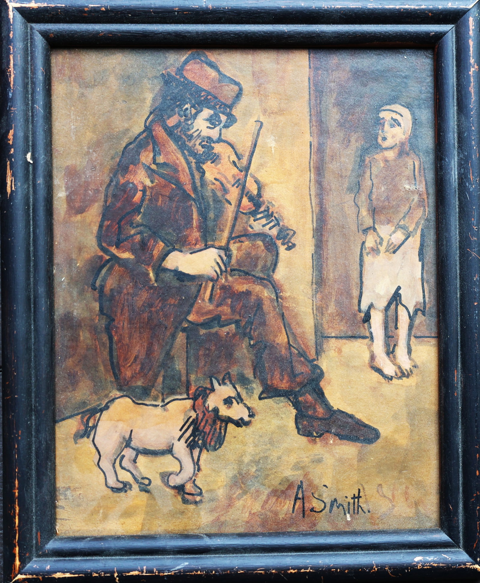 A Smith, Man Sitting in Chair on Street Playing Violin. Vintage Watercolor Painting, Framed: Size: image: 10 in. x 8 in. ; outer frame 11 1/2 in. x 9 1/2 in. ; A Smith, Man Sitting in Chair on Street Playing Violin. Vintage Watercolor Painting, Framed