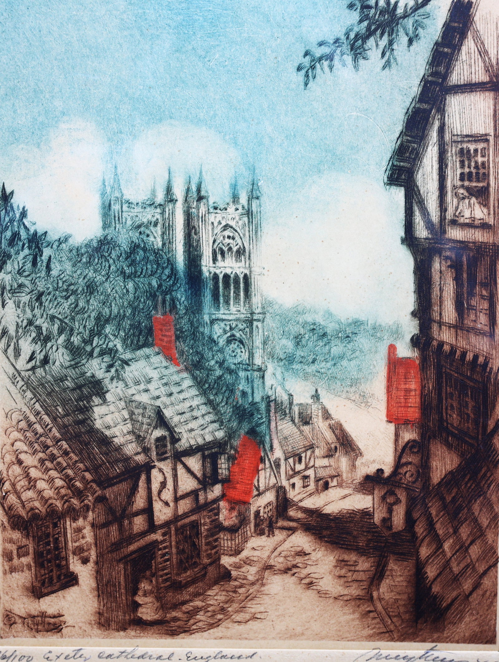Pierre Nuyttens, Colored Engraving 16/100 Exeter Cathedral England, Pencil Signed, Framed (1 of 7)