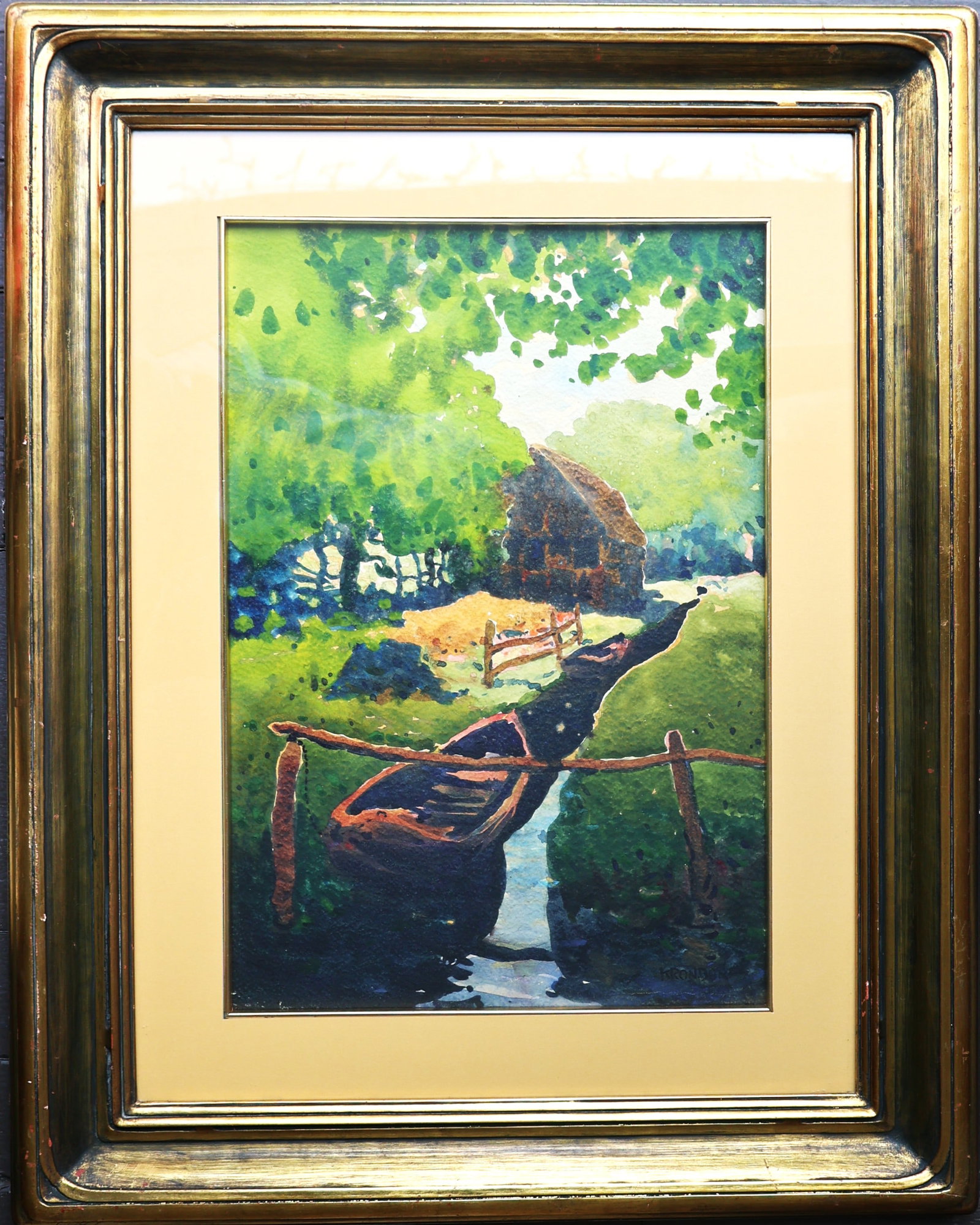 Quality Arts and Crafts Landscape Watercolor in Newcomb Macklin Gold Gilt Frame 18 in. x 24 in.: Size: image: 19 in. x 13 in. ; outer frame 29 1/2 in. x 23 1/2 in. ; Signed Krondorf: From Germany, William Krondorf became a painter in watercolor of landscapes of New Jersey, Florida and his native 