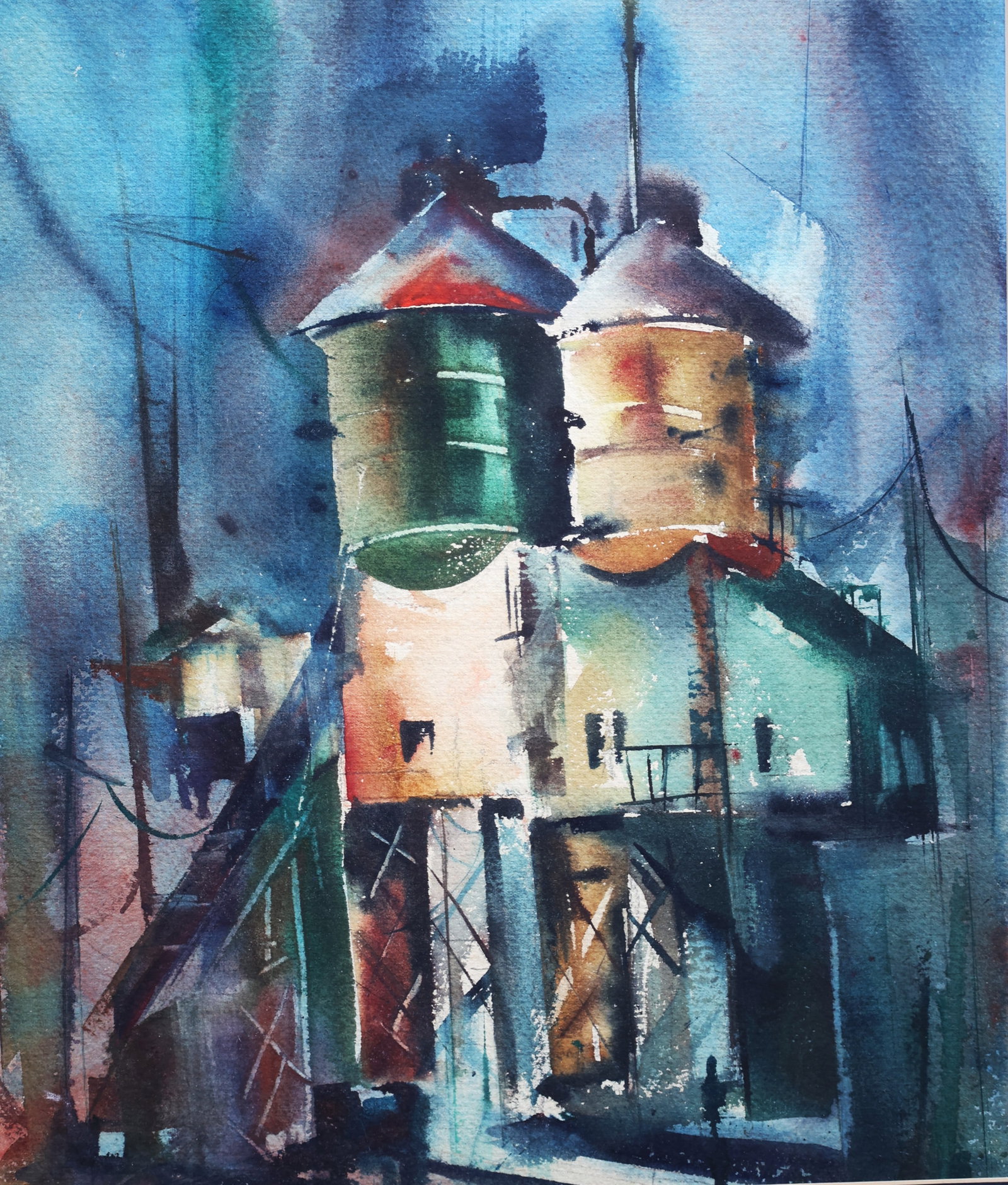 Industrial Watercolor, Elizabeth Haskin, Mill with Water Tower, Framed: Size: image: 15 1/2 in. x 13 in. ; outer frame 23 1/2 in. x 21 in. ;Industrial Watercolor, Elizabeth Haskin, Mill with Water Tower, Framed