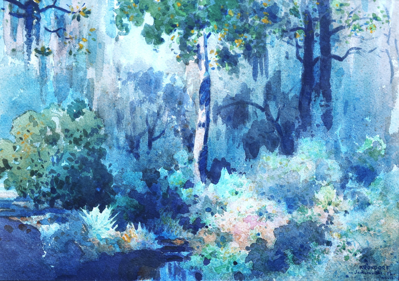 Misty Landscape Watercolor Painting Signed Krondorf, Jacksonville Fla. 1946 (1 of 6)