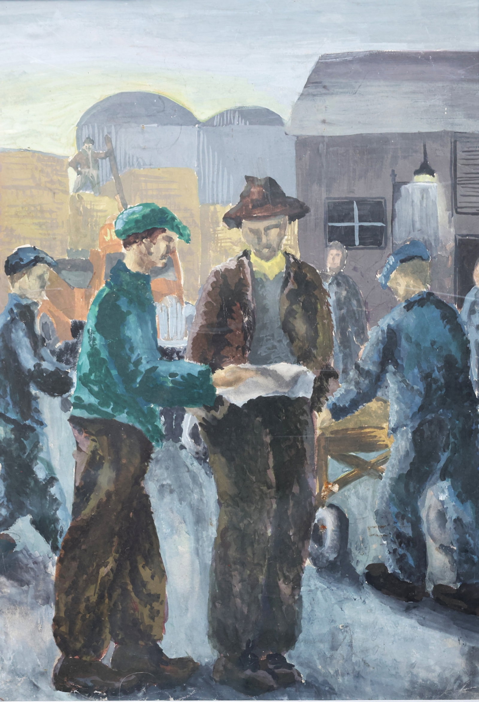 Watercolor, Industrial Era Grouping of Laborers Reading a Document, Framed: Size: image: 14 1/4 in. x 10 in. ; outer frame 23 1/2 in. x 19 1/2 in. ; Watercolor, Industrial Era Grouping of Laborers Reading a Document, Framed
