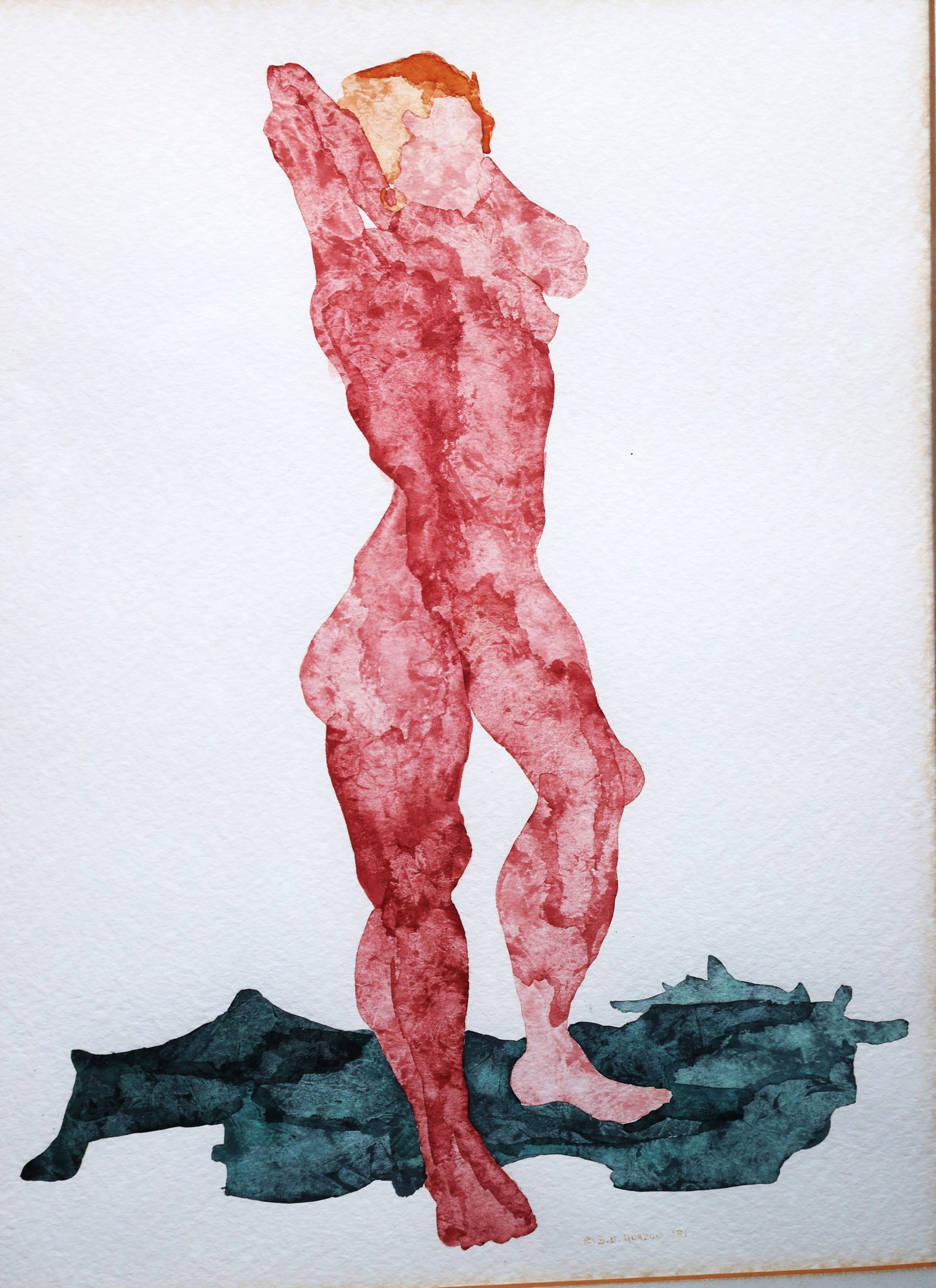 Bernard Gordon, California, Standing Nude Female 1981, Ink and Watercolor on Paper, Signed: Size: image: 17 in. x 12 3/4 in. ; outer frame 23 in. x 19 in. ; Bernard Gordon, California, Standing Nude Female 1981, Ink and Watercolor on Paper, Signed.