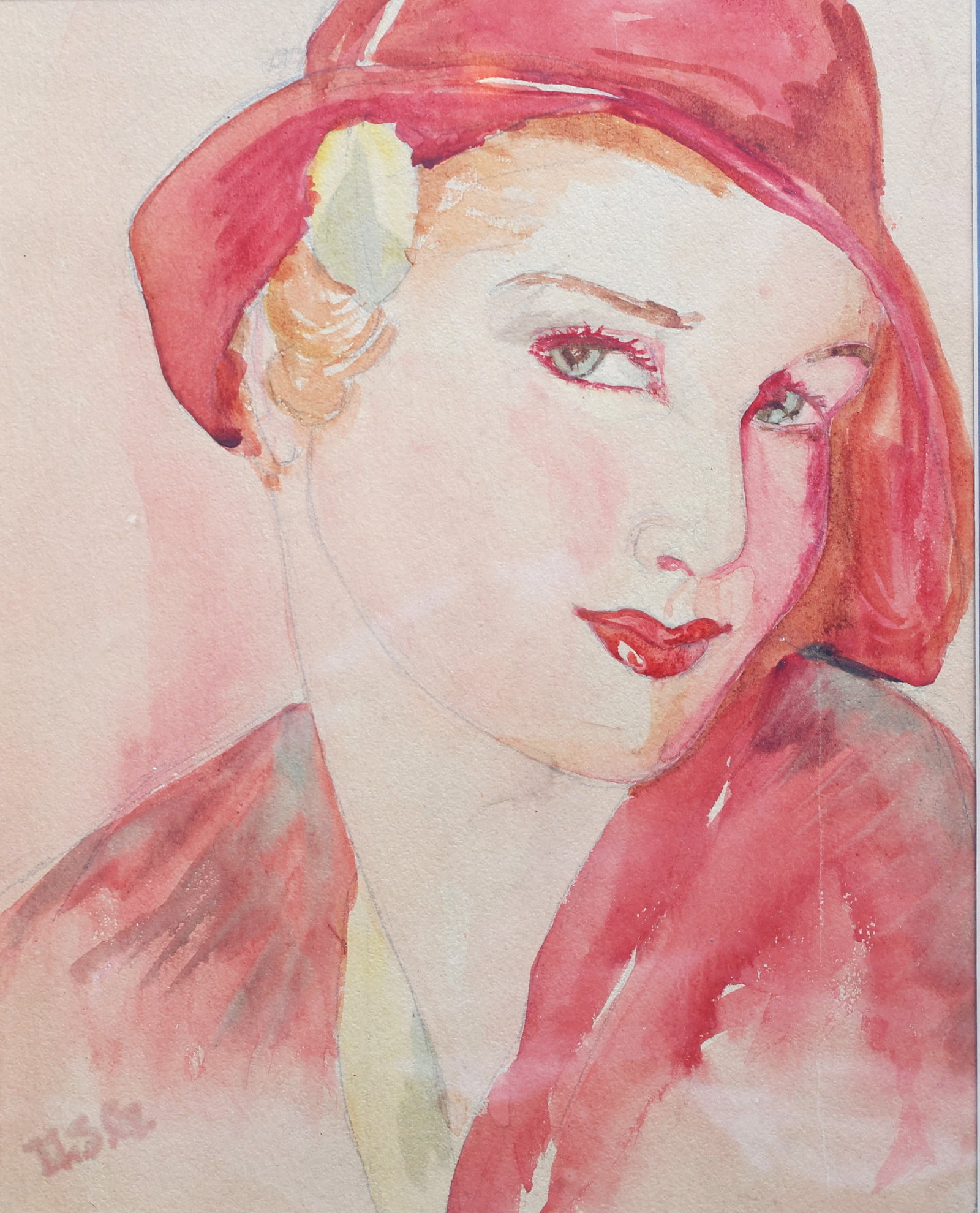 1930s Art Deco Watercolor Painting Portrait of a Woman Wearing a Red Hat (1 of 6)