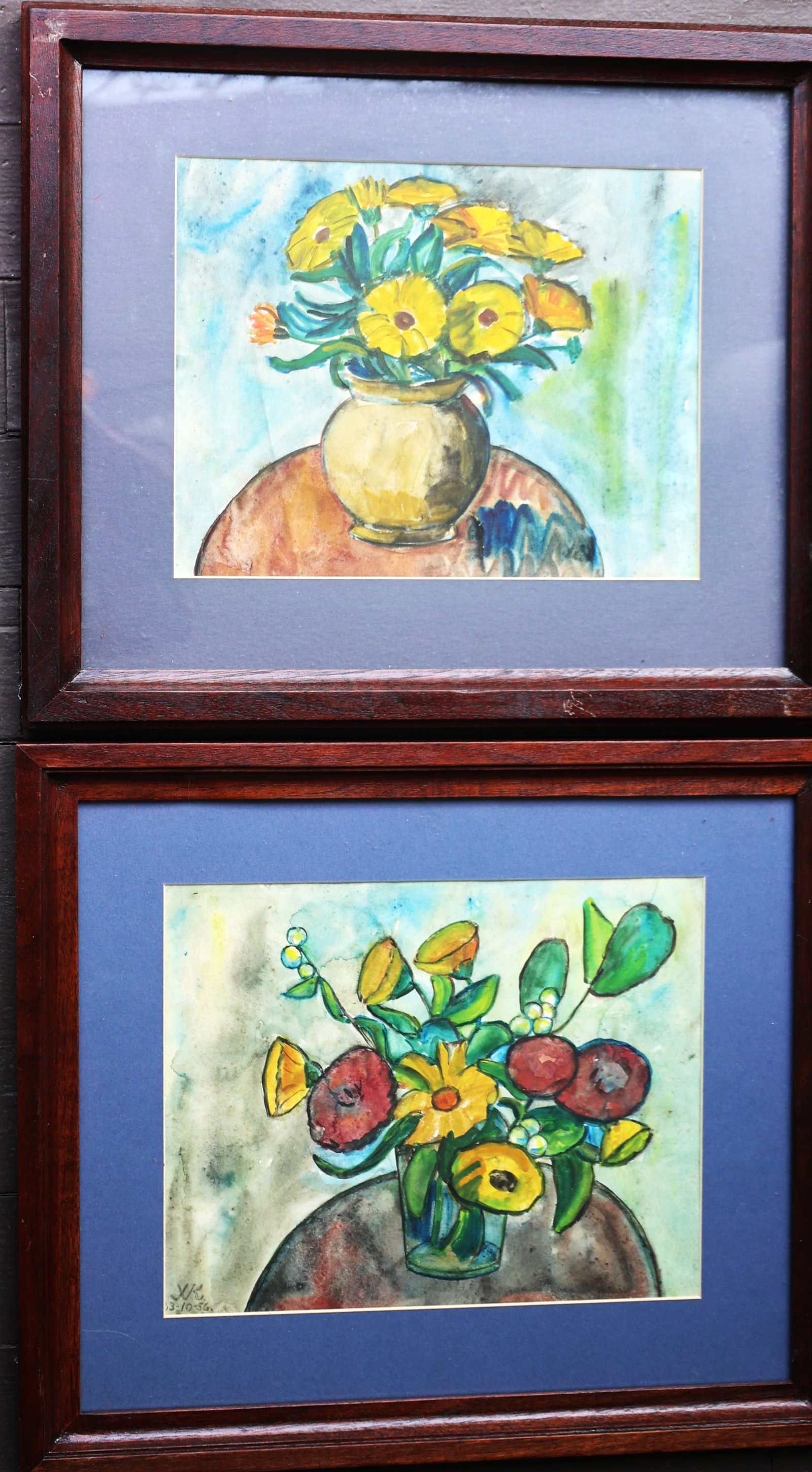 [2] Watercolor, Bouquet of Yellow Flowers in a Vase, one Signed, both Framed (1 of 6)