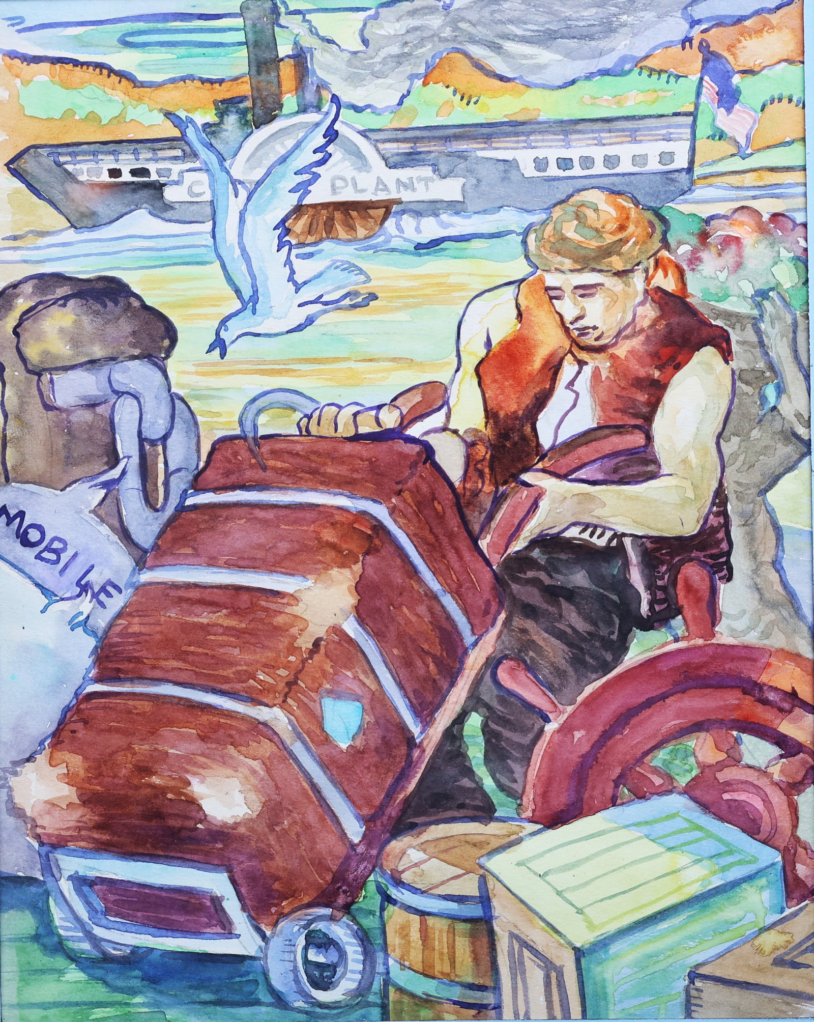Watercolor scene depicts a worker handling cargo near a steamship, featuring a stylized seagull and: Size: image: 13 in. x 10 1/4 in. ; outer frame 18 1/2 in. x 15 3/4 in.; Watercolor, Social Realism, scene depicts a worker handling cargo near a steamship, featuring a stylized seagull and nautical el
