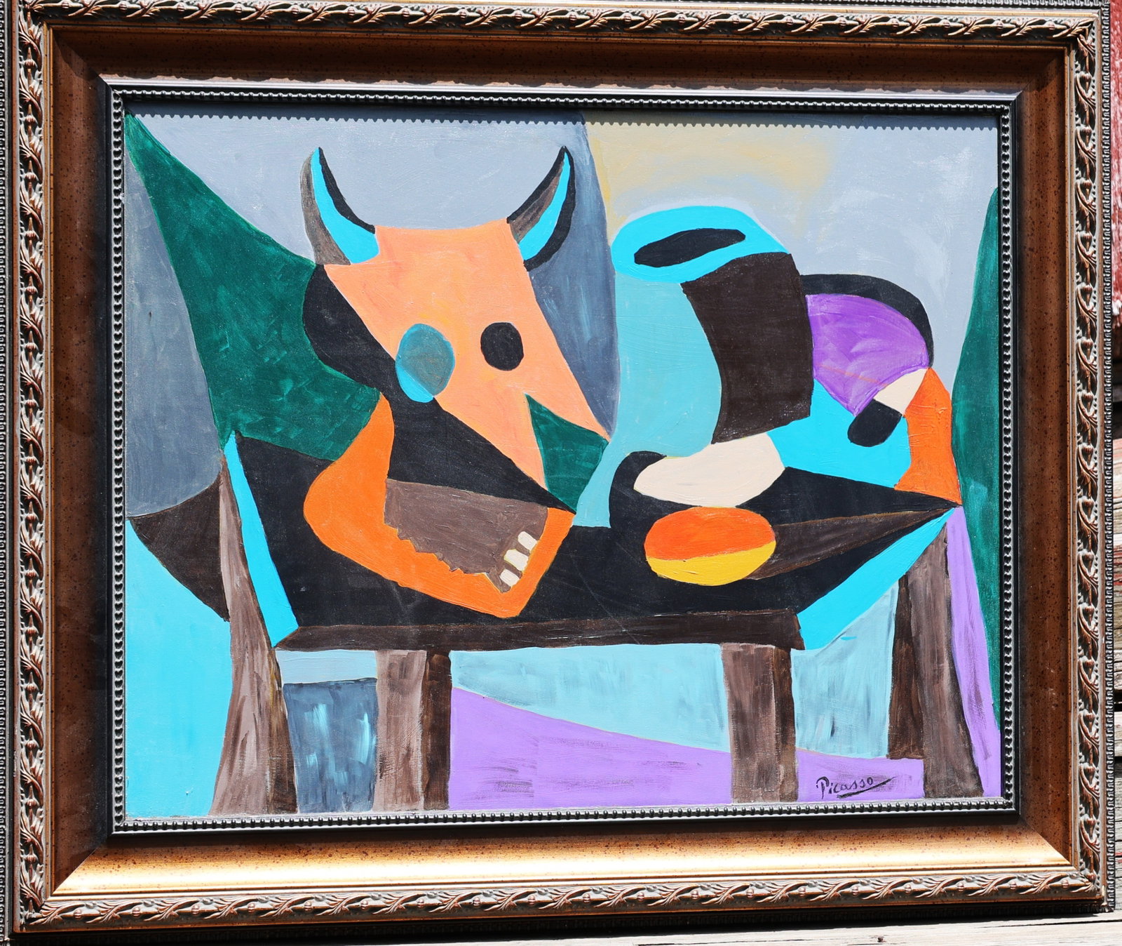 after Pablo Picasso, Oil Painting "Tête de taureau et broc" (Head of a Bull and Pitcher) , Framed (1 of 5)