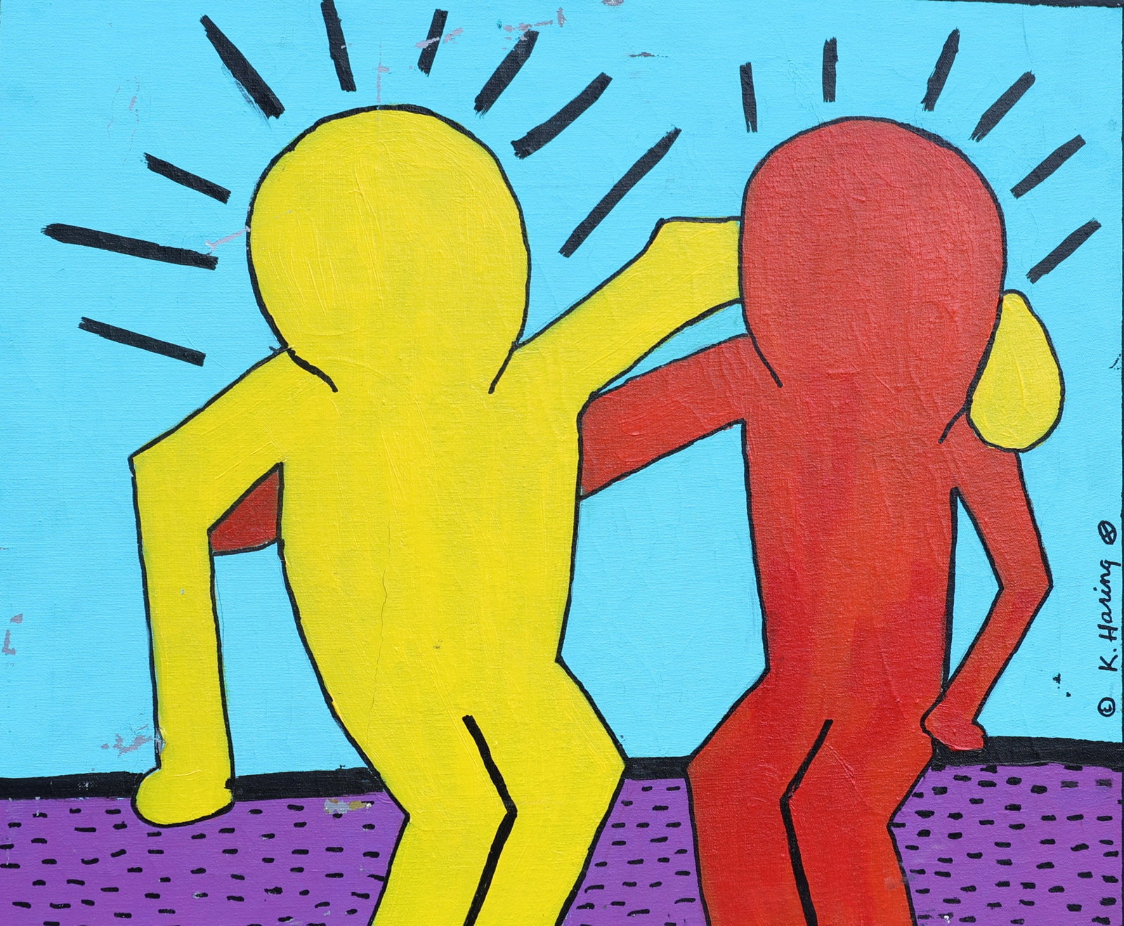 Keith Haring, Oil on Canvas Painting Yellow and Red Figures Embracing, Signed (1 of 7)