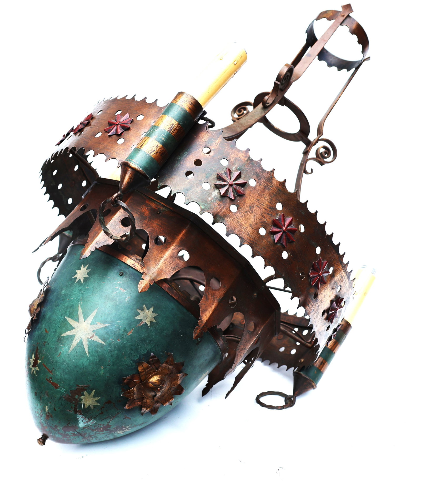 French Gothic style chandelier features handcrafted wrought iron with green accents and painted sta: Size: 33 in. height, 19.5 in. wide, 20 in. diameter ; French Gothic style chandelier features handcrafted wrought iron with green accents and painted star motifs.Style: Gothic Revival / Spanish Reviva