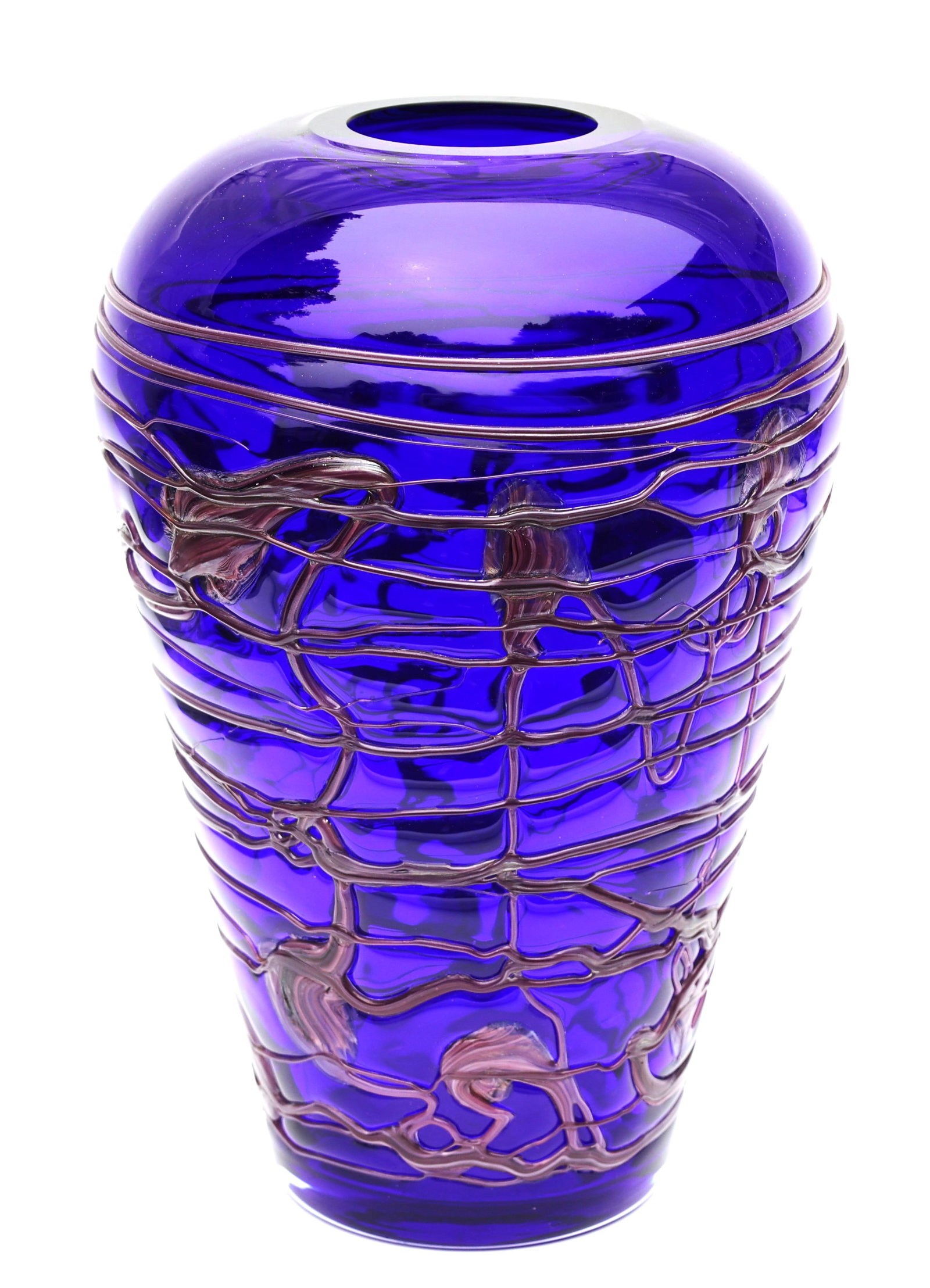 striking cobalt blue art glass vase features a delicate iridescent glass overlay (1 of 7)