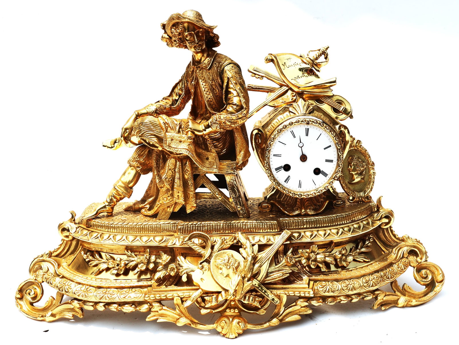 19th-century French gilt-bronze figural hunter mantel clock, often referred to as a "pendule au chas: Size: 15 in. height, 21 in. length, 7.5 in. wide ; 19th-century French gilt-bronze figural hunter mantel clock, often referred to as a "pendule au chasseur".The timepiece features a seated figure of a