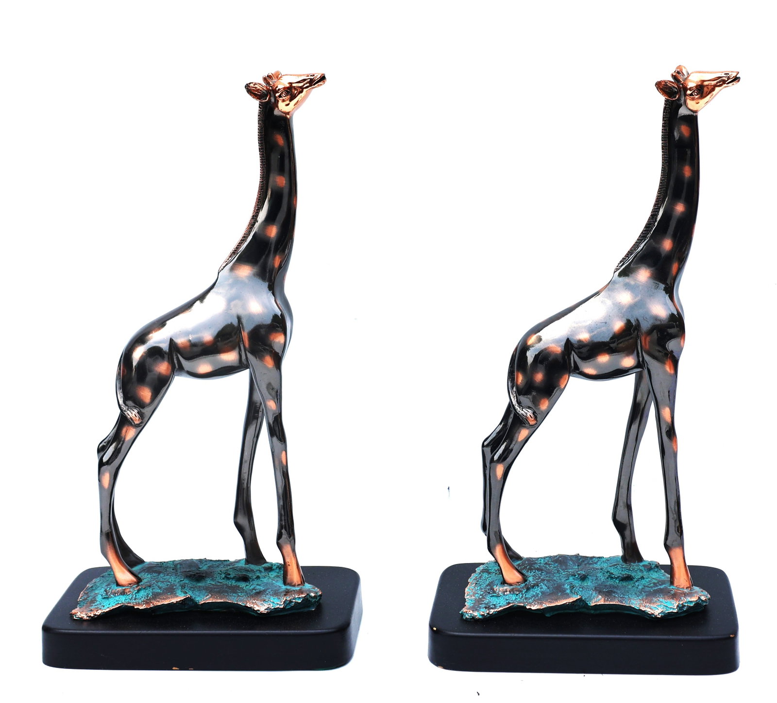 standing giraffe sculptures feature a polished bronze finish with a verdigris patina base: Size: 15 in. height, 7.5 in. length, 4.5 in. wide ; standing giraffe sculptures feature a polished bronze finish with a verdigris patina base