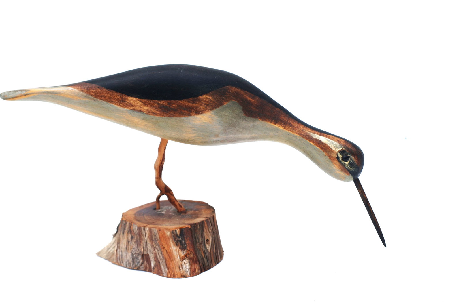NYMAN, Black Necked hand-carved, painted wooden sculpture of a shorebird: Size: 7 in. height, 11 in. length, 2.25 in. wide base ; NYMAN, Black Necked hand-carved, painted wooden sculpture of a shorebird