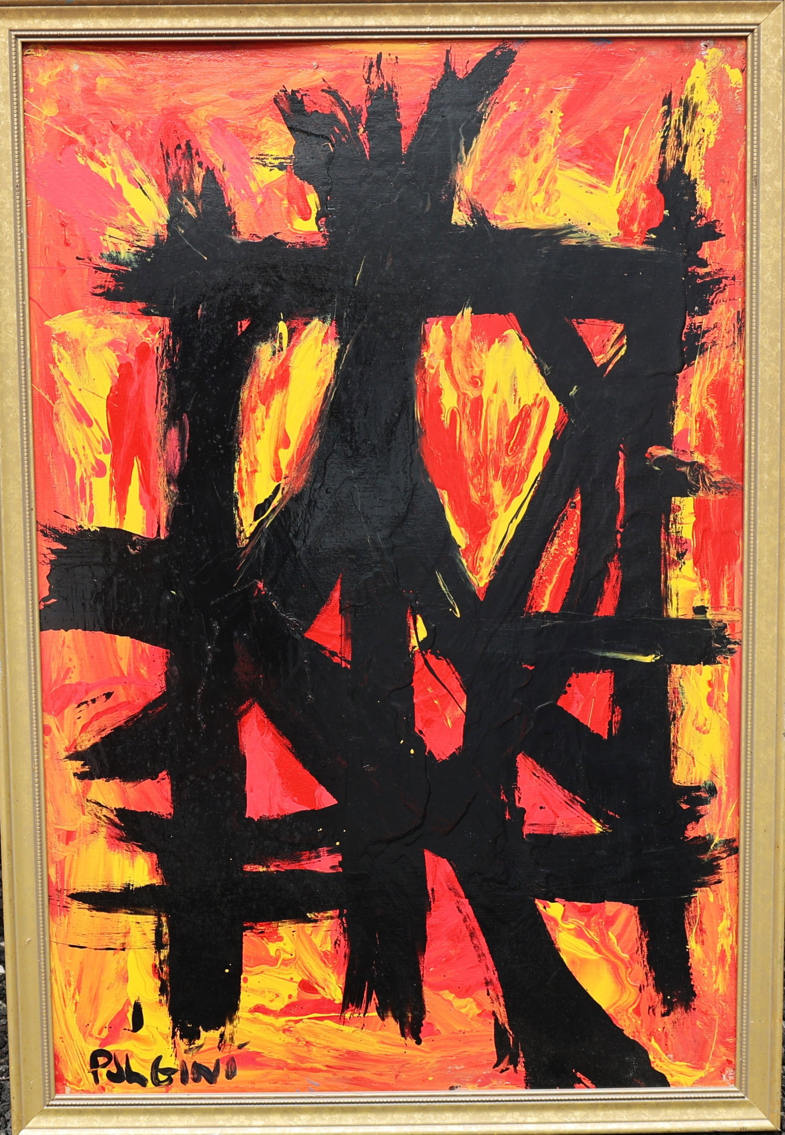 original oil painting by American artist Thomas Pulgini, known for his vibrant pop-art and abstract: Size: image 36 inches x 24 inches; outer frame 38.5 in. x 26.5 in. / original oil painting by American artist Thomas Pulgini, known for his vibrant pop-art and abstract expressionist style.Artist: Tho