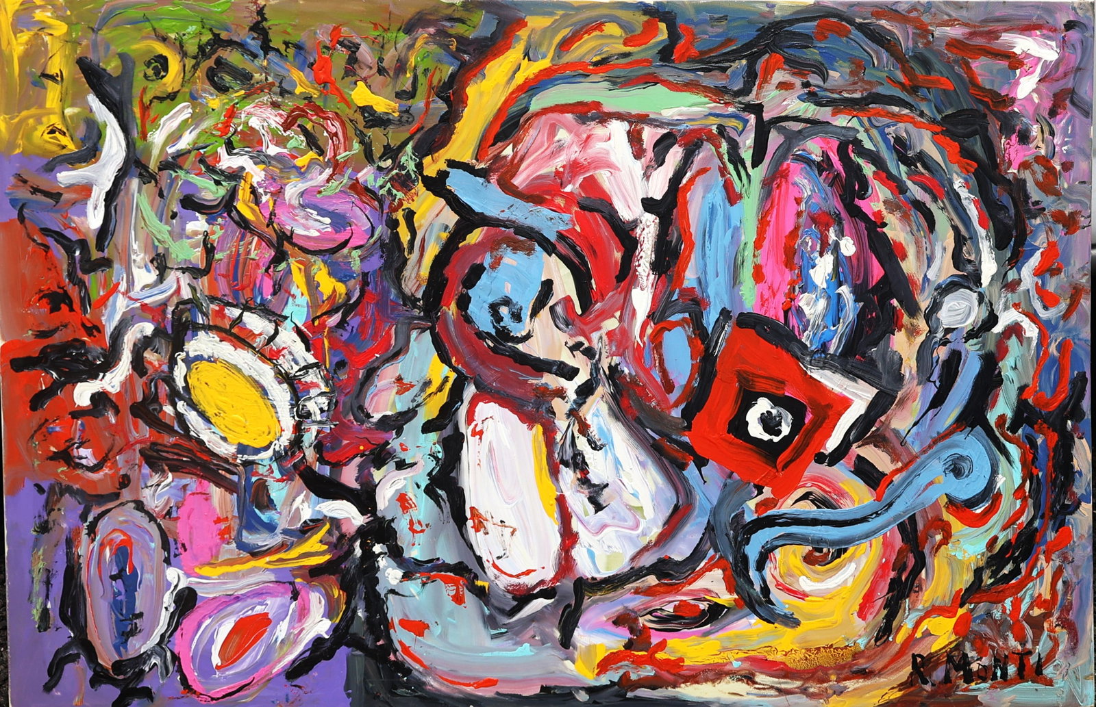 original abstract oil painting by American artist Rocco Monticolo "MONTI", Large Oil on Canvas: Size: 31 inches x 46 1/2 inches; original abstract oil painting by American artist Rocco Monticolo "MONTI", Large Oil on Canvas