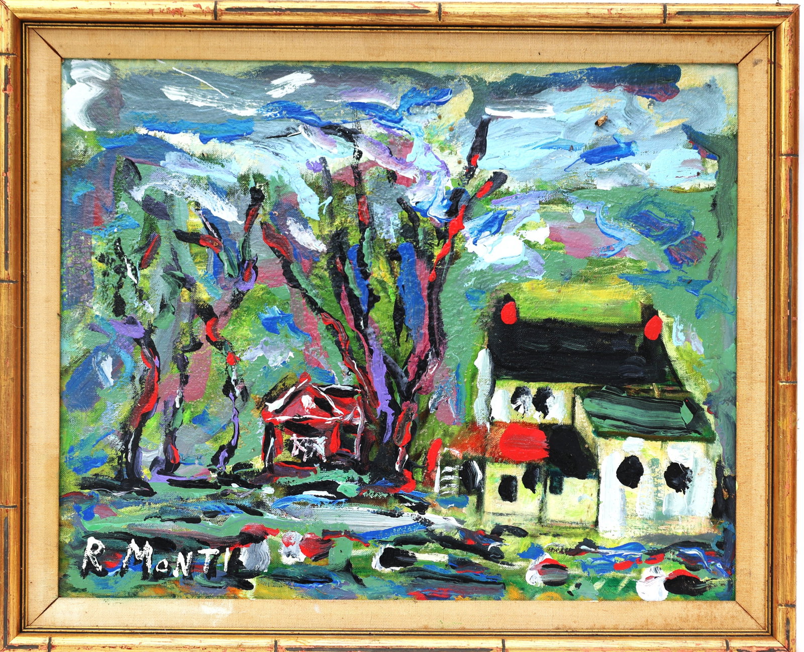 original abstract Landscape with House oil painting by American artist Rocco Monticolo "MONTI",: Size: image 16 inches x 20 inches ; outer frame 19 in. x 23 in. ; original abstract Landscape with House oil painting by American artist Rocco Monticolo "MONTI",