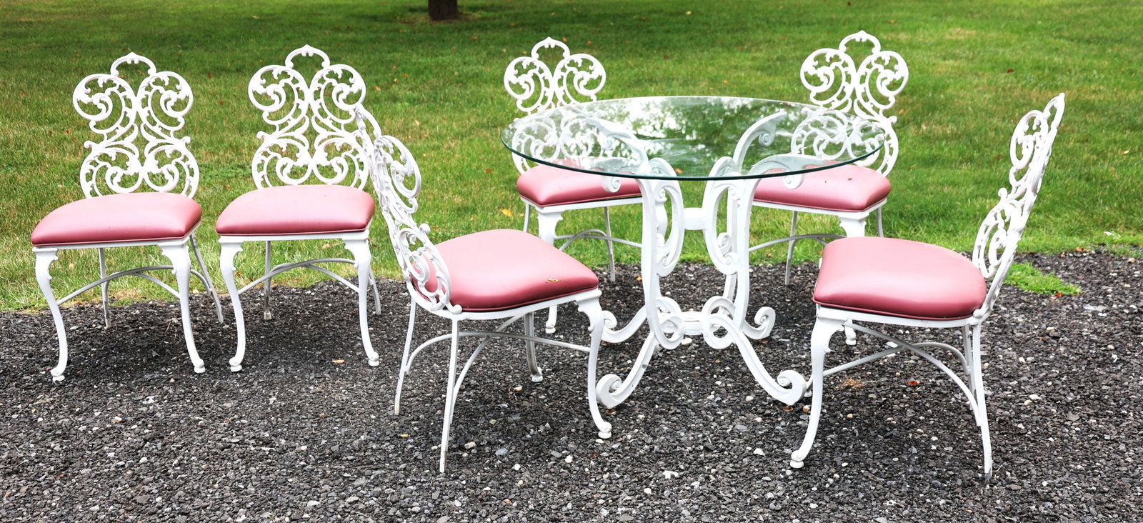 7 Piece vintage Molla cast aluminum patio dining set featuring a white finish and ornate scrollwork (1 of 6)