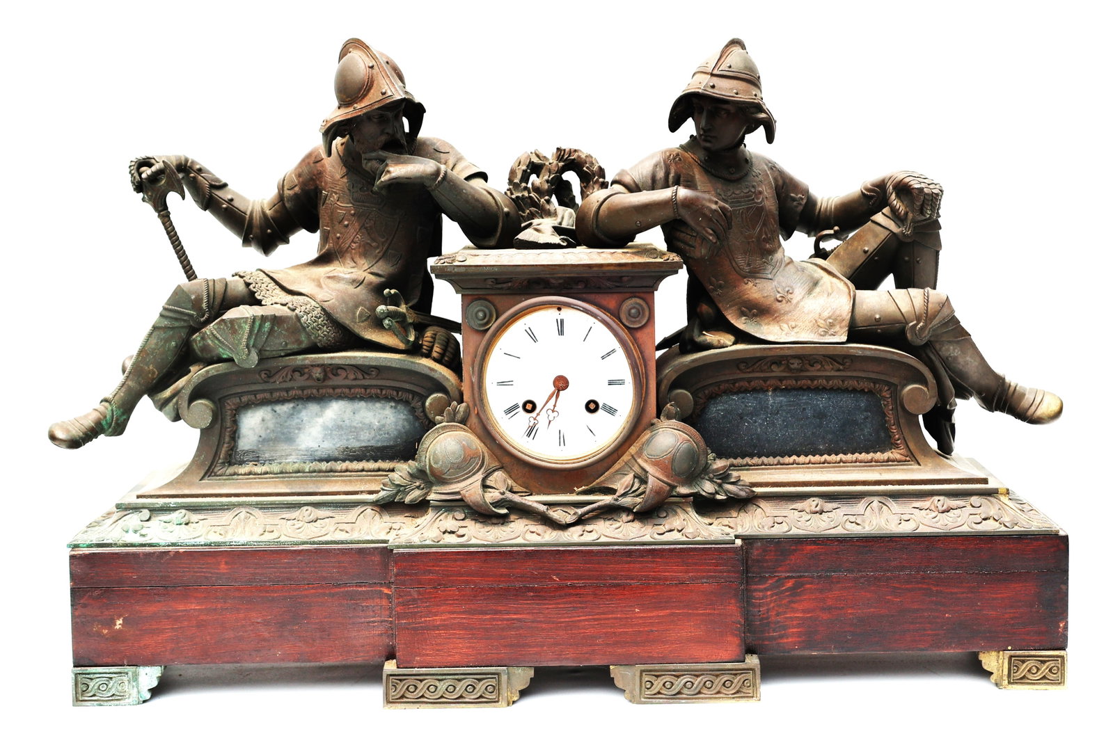 Quality 19th-century French figural mantel clock featuring patinated bronze soldiers on a slate and (1 of 8)