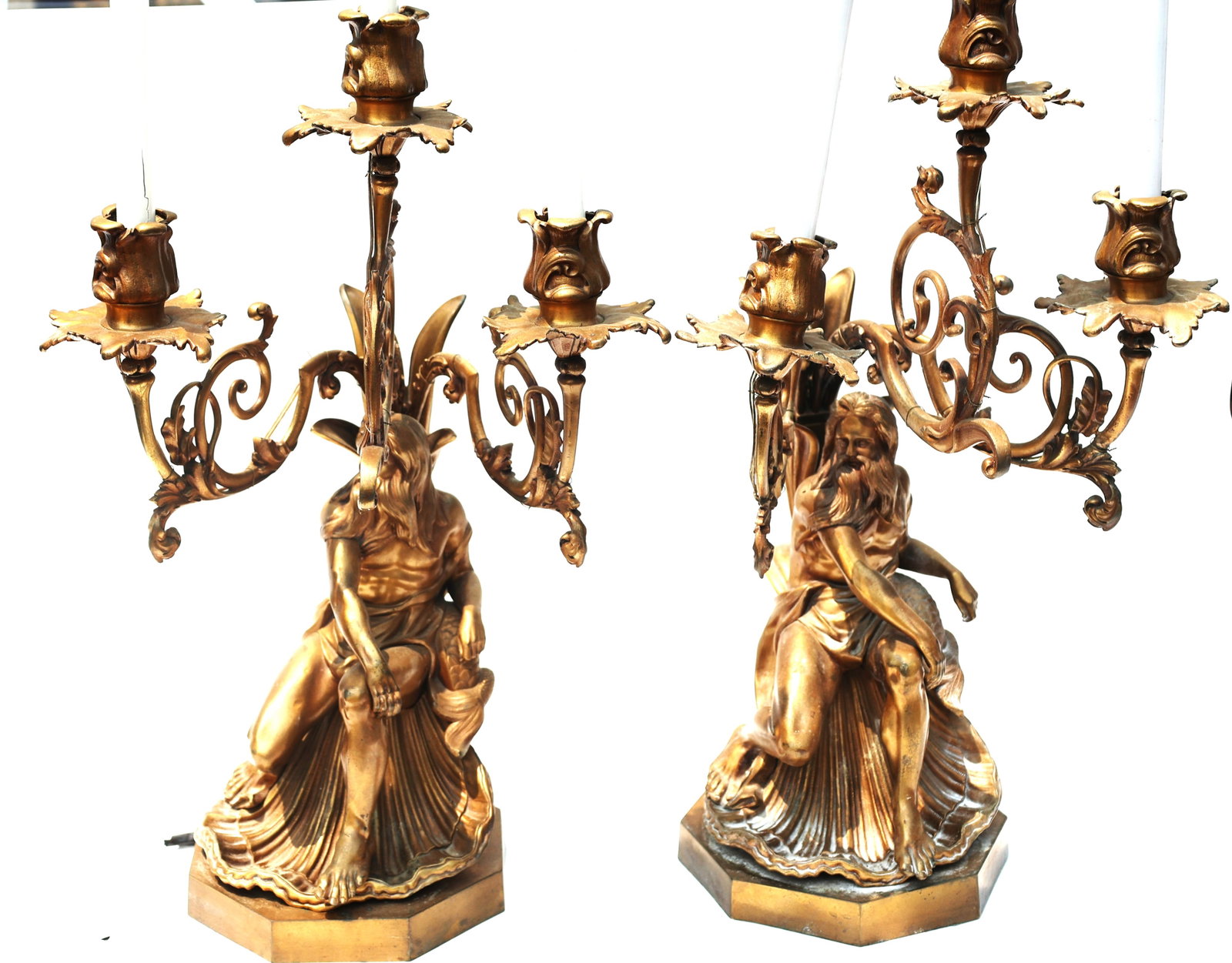 Neptune figural candelabra depicts figures in a gilt bronze finish, 19th C. Antique, Quality Casting (1 of 12)