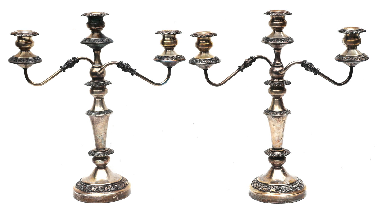 Pair Antique Continental Silver Plate Triple Tall Candleabras with Hallmarks on Base (1 of 7)
